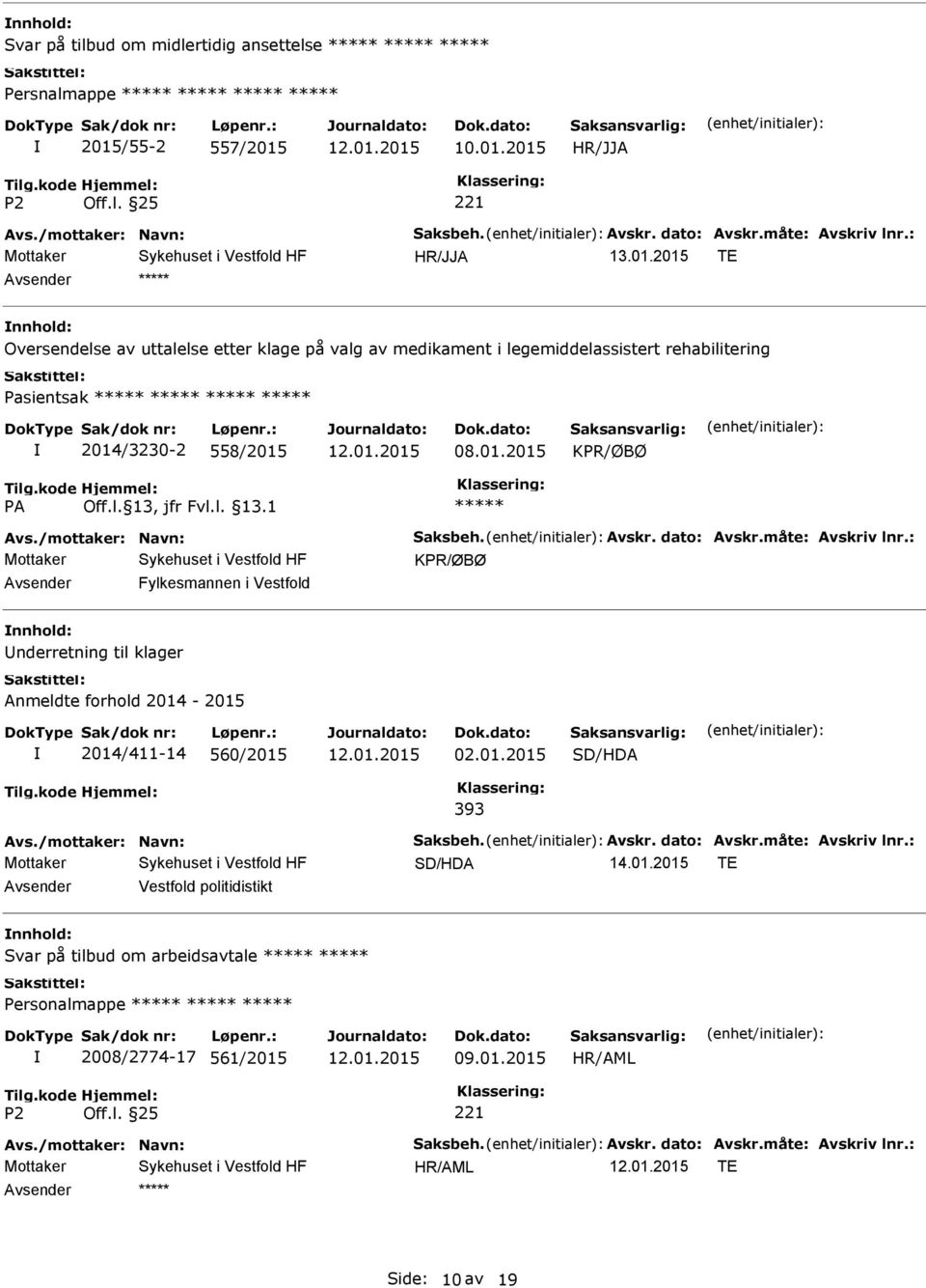 01.2015 KPR/ØBØ Avs./mottaker: Navn: Saksbeh. Avskr. dato: Avskr.måte: Avskriv lnr.: KPR/ØBØ Fylkesmannen i Vestfold nderretning til klager Anmeldte forhold 2014-2015 2014/411-14 560/2015 02.01.2015 SD/HDA 393 Avs.