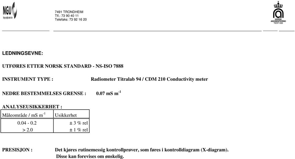 : Radiometer Titralab 94 / CDM 210 Conductivity meter NEDRE BESTEMMELSES GRENSE : 0.