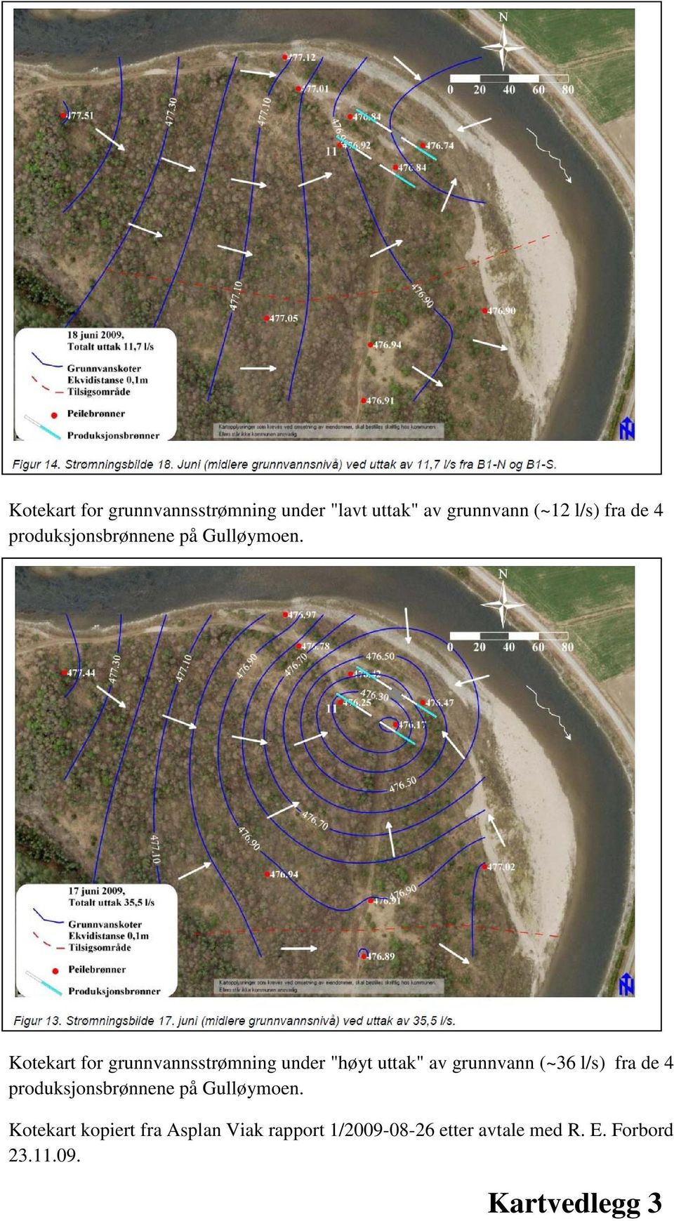 Kotekart for grunnvannsstrømning under "høyt uttak" av grunnvann (~36 l/s) fra de 4 