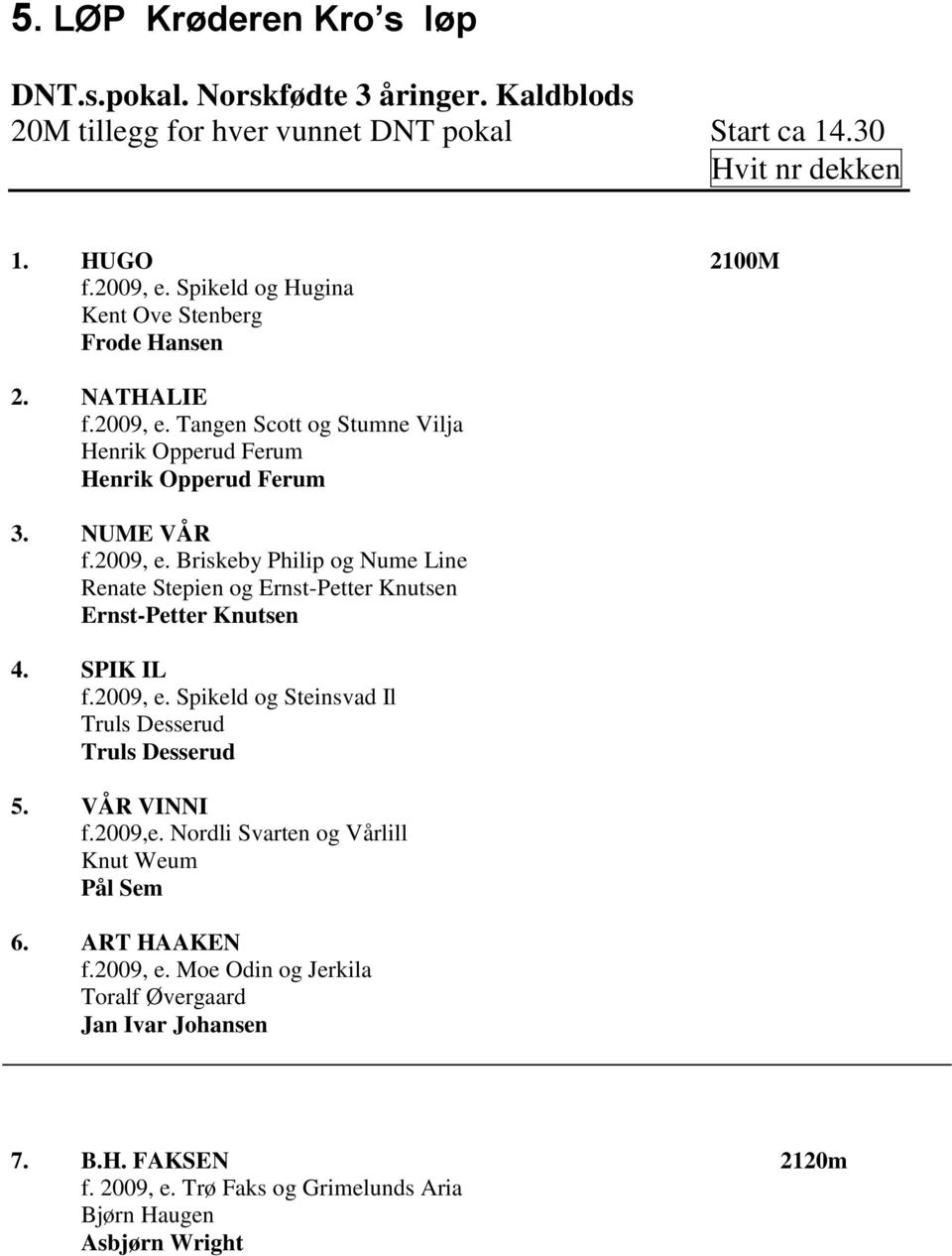 SPIK IL f.2009, e. Spikeld og Steinsvad Il Truls Desserud Truls Desserud 5. VÅR VINNI f.2009,e. Nordli Svarten og Vårlill Knut Weum Pål Sem 6. ART HAAKEN f.2009, e. Moe Odin og Jerkila Toralf Øvergaard Jan Ivar Johansen 7.
