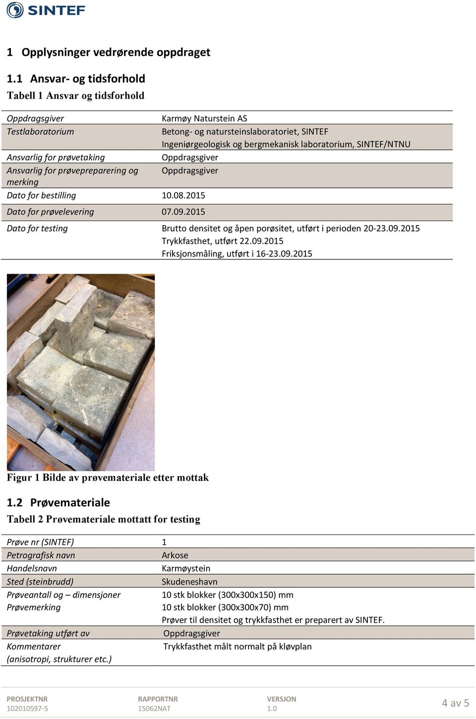 SINTEF/NTNU Ansvarlig for prøvetaking Oppdragsgiver Ansvarlig for prøvepreparering og Oppdragsgiver merking Dato for bestilling 10.08.2015 Dato for prøvelevering 07.09.