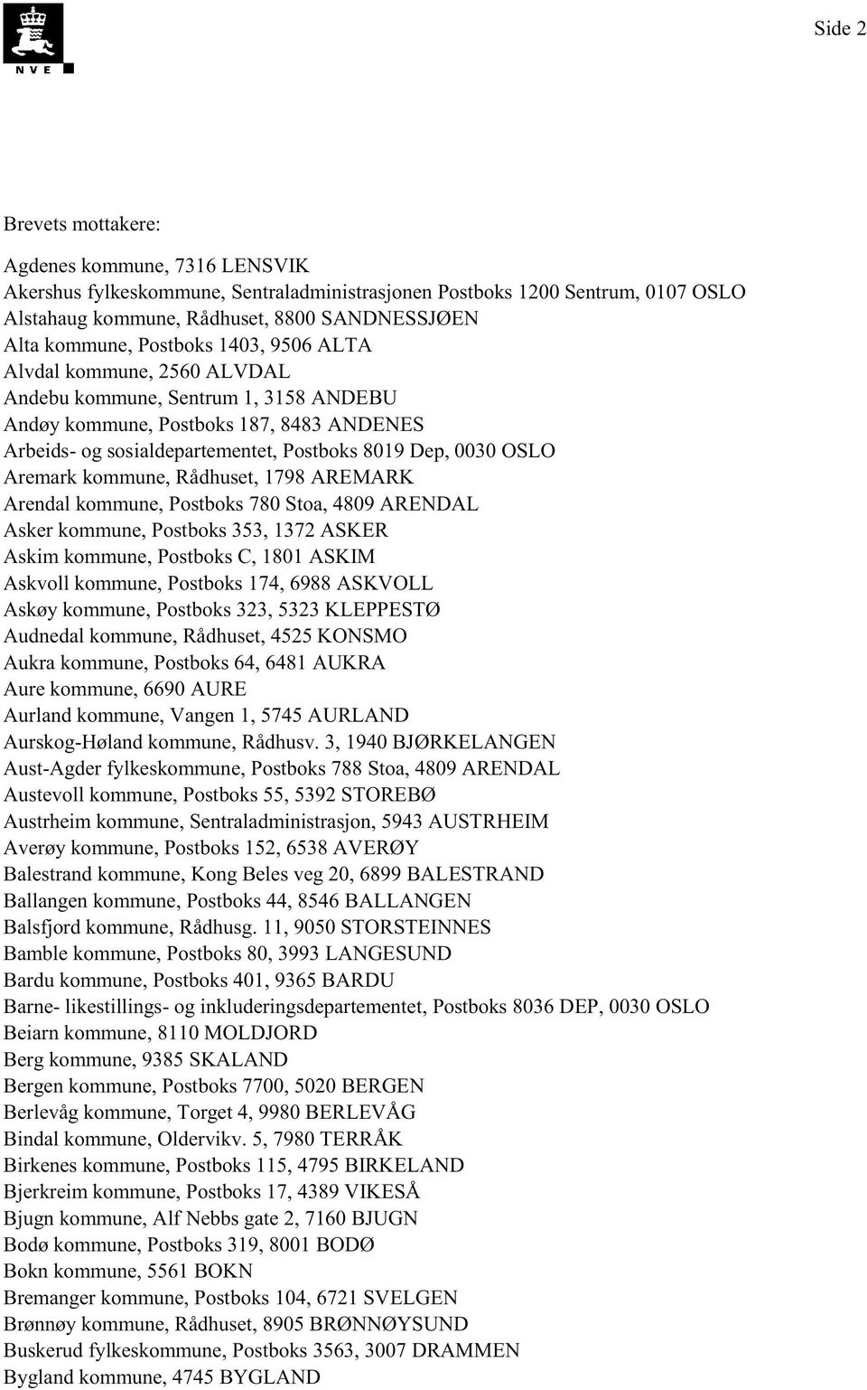 Aremarkkommune,Rådhuset,1798AREMARK Arendalkommune,Postboks780Stoa,4809ARENDAL Askerkommune,Postboks353,1372ASKER Askim kommune,postboksc, 1801ASKIM Askvoll kommune,postboks174,6988askvoll