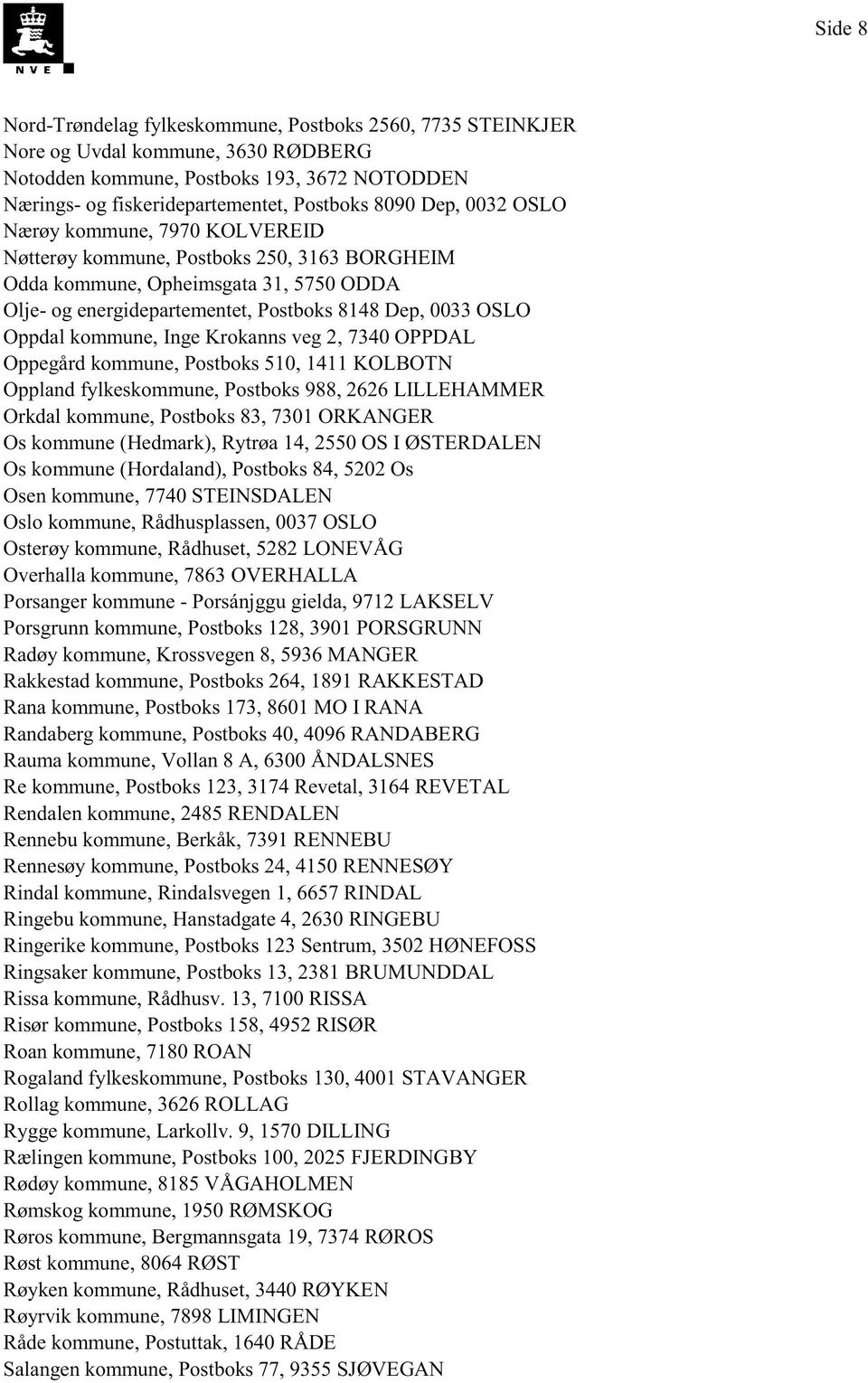 7340OPPDAL Oppegårdkommune,Postboks510,1411KOLBOTN Opplandfylkeskommune,Postboks988,2626LILLEHAMMER Orkdalkommune,Postboks83, 7301ORKANGER Oskommune(Hedmark),Rytrøa14, 2550OSI ØSTERDALEN