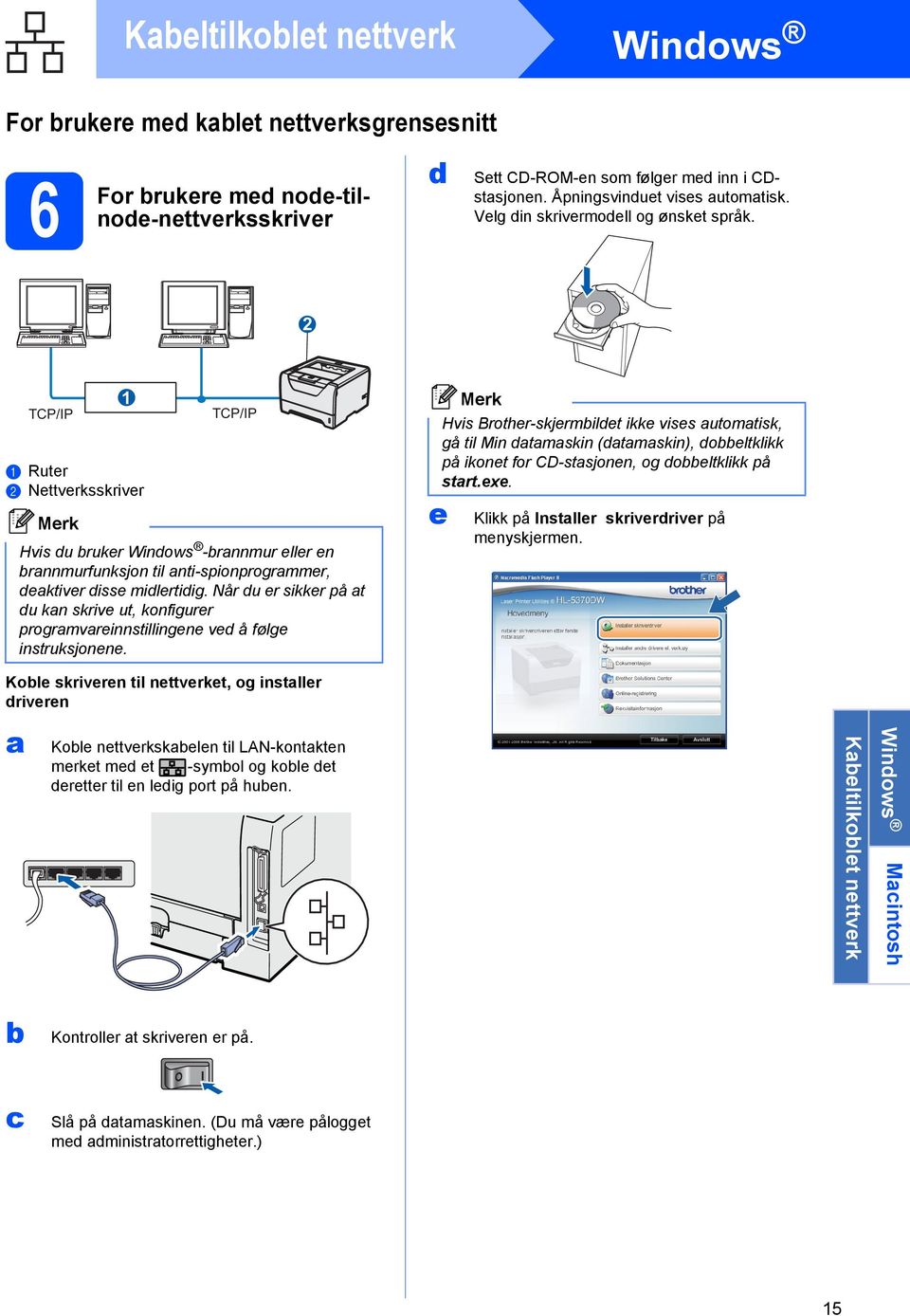 2 TCP/IP a Ruter b Nettverksskriver 1 TCP/IP Hvis du bruker Windows -brannmur eller en brannmurfunksjon til anti-spionprogrammer, deaktiver disse midlertidig.