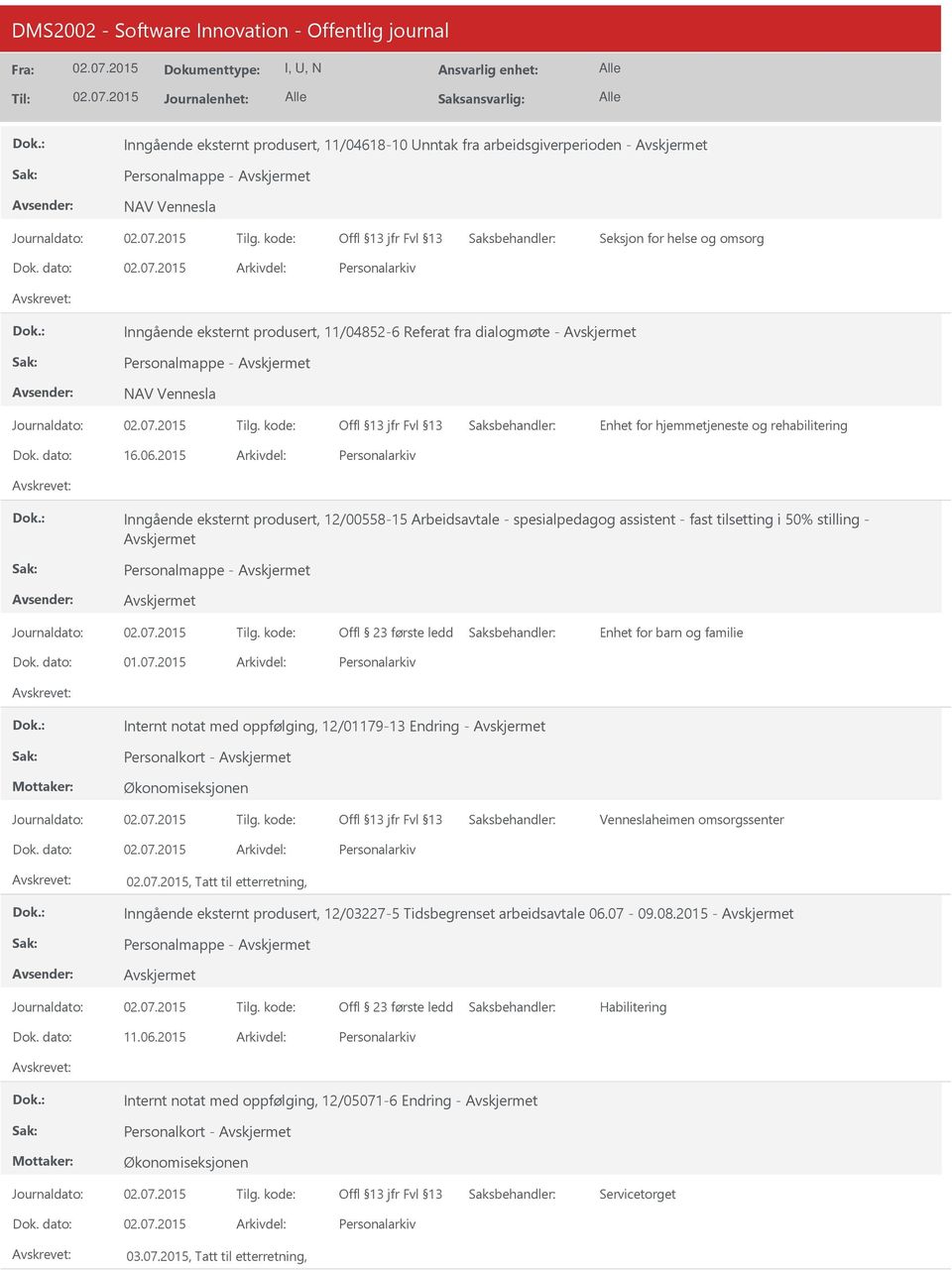 2015 Inngående eksternt produsert, 12/00558-15 Arbeidsavtale - spesialpedagog assistent - fast tilsetting i 50% stilling - Personalmappe - Enhet for barn og familie 01.07.