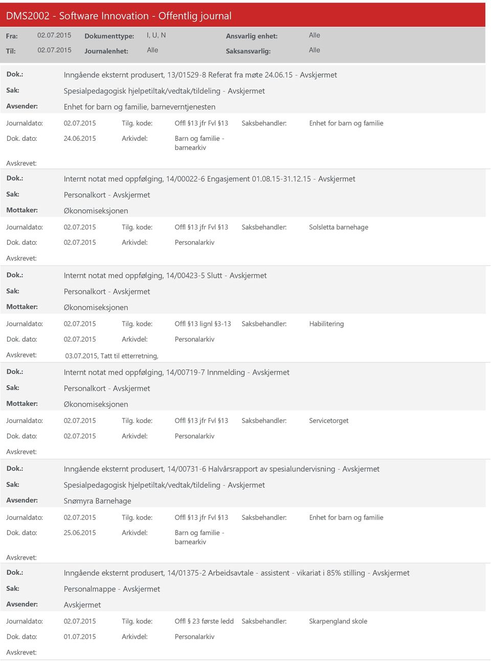 15 - Personalkort - Solsletta barnehage Internt notat med oppfølging, 14/00423-5 Slutt - Personalkort - Offl 13 lignl 3-13 03.07.