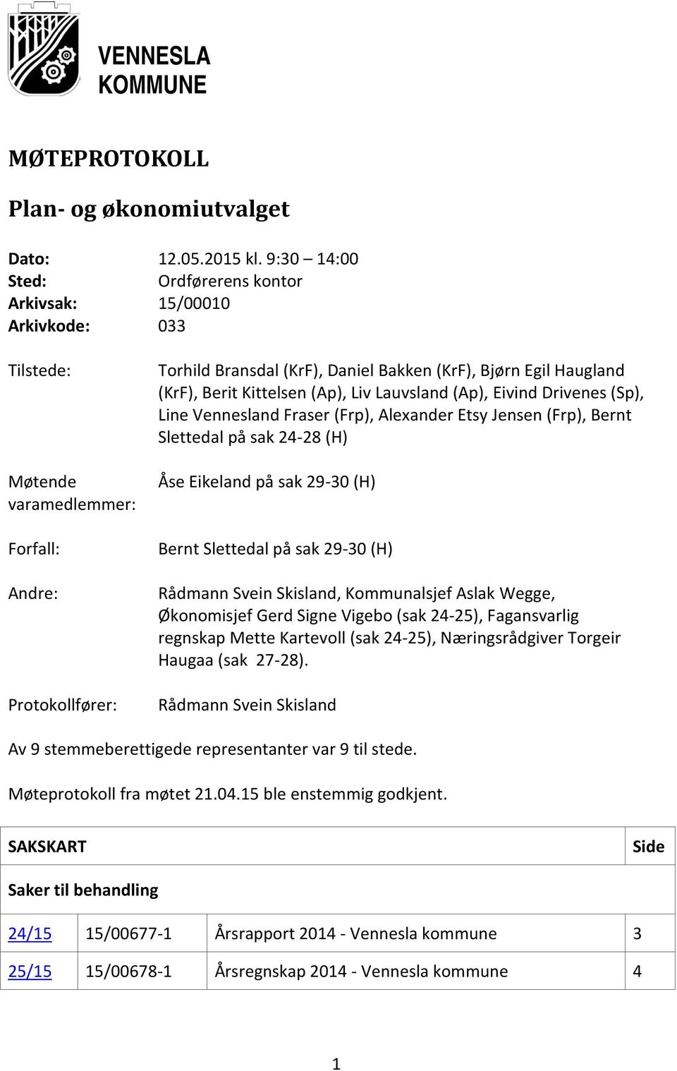 (KrF), Berit Kittelsen (Ap), Liv Lauvsland (Ap), Eivind Drivenes (Sp), Line Vennesland Fraser (Frp), Alexander Etsy Jensen (Frp), Bernt Slettedal på sak 24-28 (H) Åse Eikeland på sak 29-30 (H) Bernt