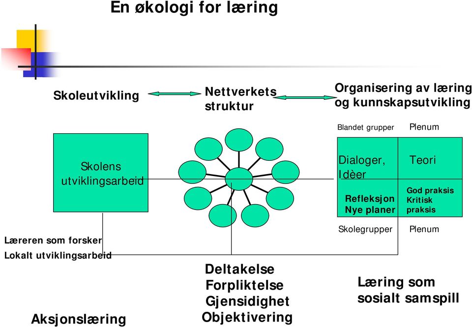 Nye planer Teori God praksis Kritisk praksis Læreren som forsker Lokalt utviklingsarbeid