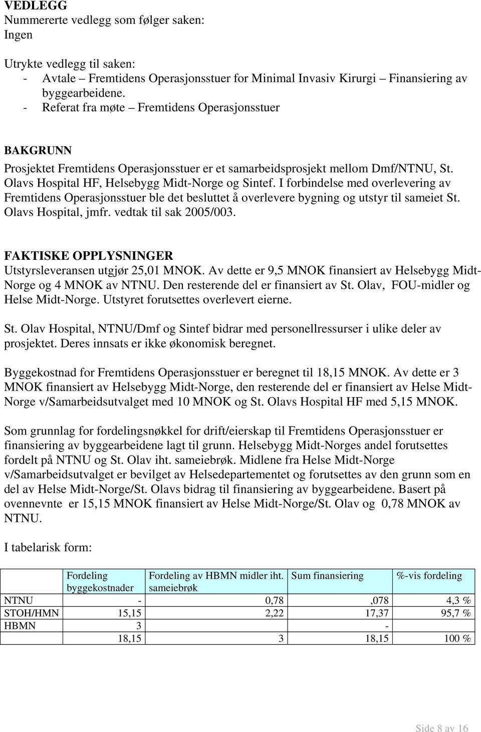 I forbindelse med overlevering av Fremtidens Operasjonsstuer ble det besluttet å overlevere bygning og utstyr til sameiet St. Olavs Hospital, jmfr. vedtak til sak 2005/003.