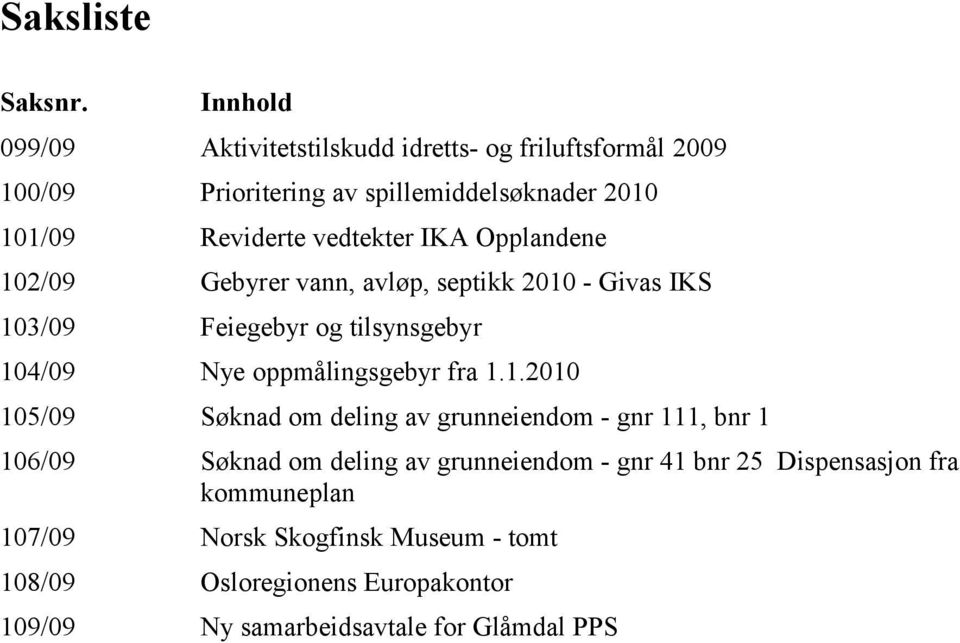 vedtekter IKA Opplandene 102/09 Gebyrer vann, avløp, septikk 2010 - Givas IKS 103/09 Feiegebyr og tilsynsgebyr 104/09 Nye oppmålingsgebyr