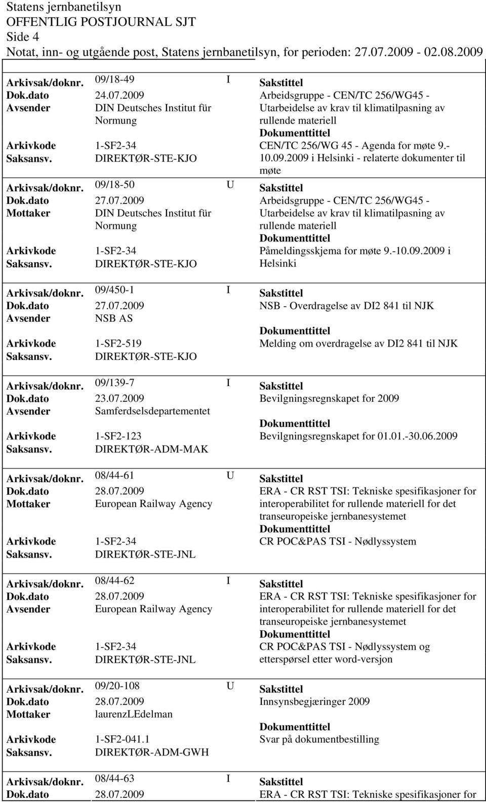 - 10.09.2009 i Helsinki - relaterte dokumenter til møte Arkivsak/doknr. 09/18-50 U Sakstittel Dok.dato 27.07.