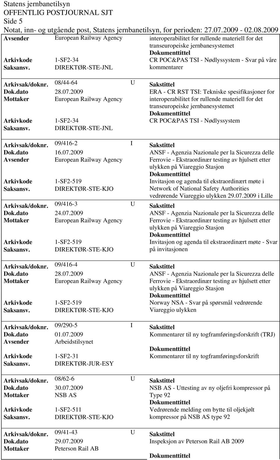 08/44-64 U Sakstittel Mottaker European Railway Agency interoperabilitet for rullende materiell for det CR POC&PAS TSI - Nødlyssystem Arkivsak/doknr. 09/416-2 I Sakstittel Dok.dato 16.07.