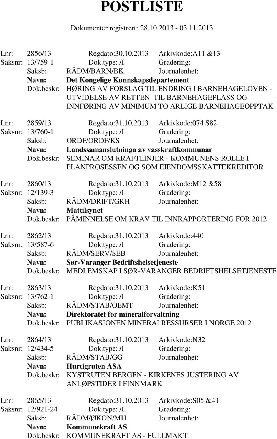 2013 Arkivkode:074 S82 Saksnr: 13/760-1 Dok.type: /I Gradering: Saksb: ORDF/ORDF/KS Journalenhet: Navn: Landssamanslutninga av vasskraftkommunar Dok.