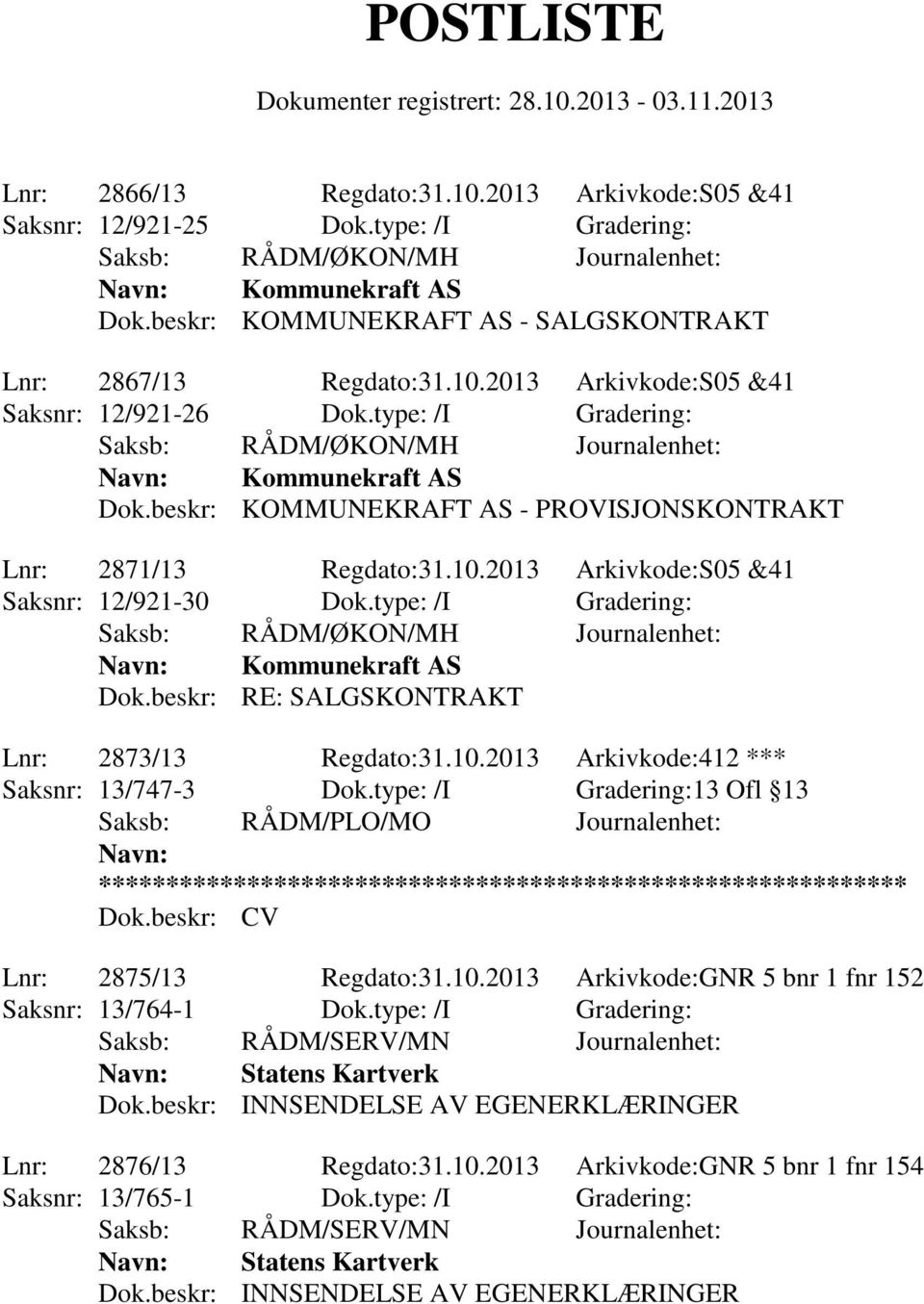 10.2013 Arkivkode:412 *** Saksnr: 13/747-3 Dok.type: /I Gradering:13 Ofl 13 Saksb: RÅDM/PLO/MO Journalenhet: Navn: ************************************************************ Dok.