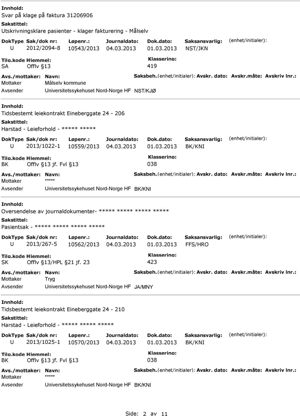 : Mottaker Målselv kommune niversitetssykehuset Nord-Norge HF NST/KJØ Tidsbestemt leiekontrakt Eineberggate 24-206 Harstad - Leieforhold - ***** ***** 2013/1022-1 10559/2013 BK/KN BK Offlv 13 jf.