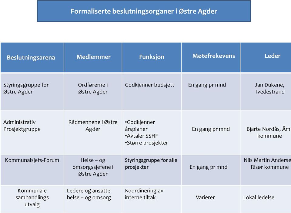 prosjekter En gang pr mnd Bjarte Nordås, Åml kommune Kommunalsjefs-Forum Helse og omsorgssjefene i Styringsgruppe for alle prosjekter En gang