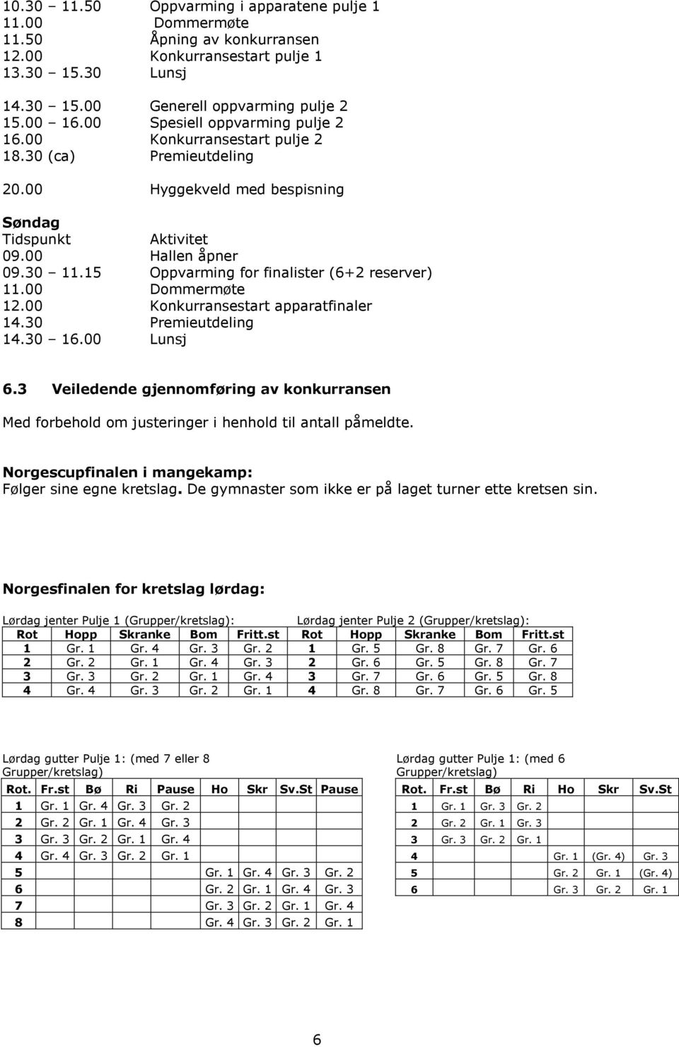 15 Oppvarming for finalister (6+2 reserver) 11.00 Dommermøte 12.00 Konkurransestart apparatfinaler 14.30 Premieutdeling 14.30 16.00 Lunsj 6.