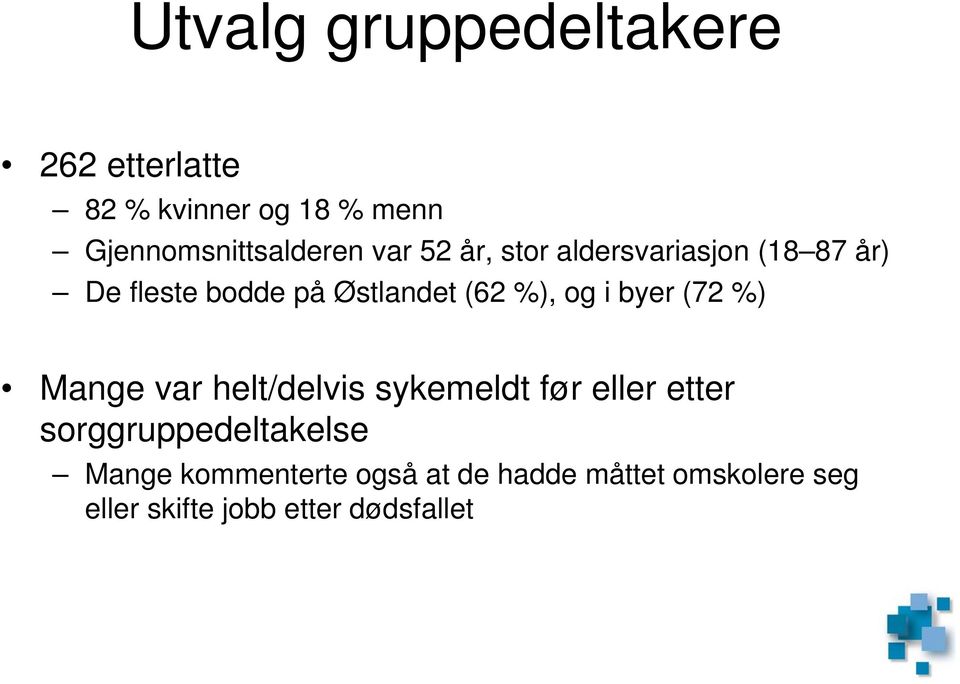 byer (72 %) Mange var helt/delvis sykemeldt før eller etter sorggruppedeltakelse