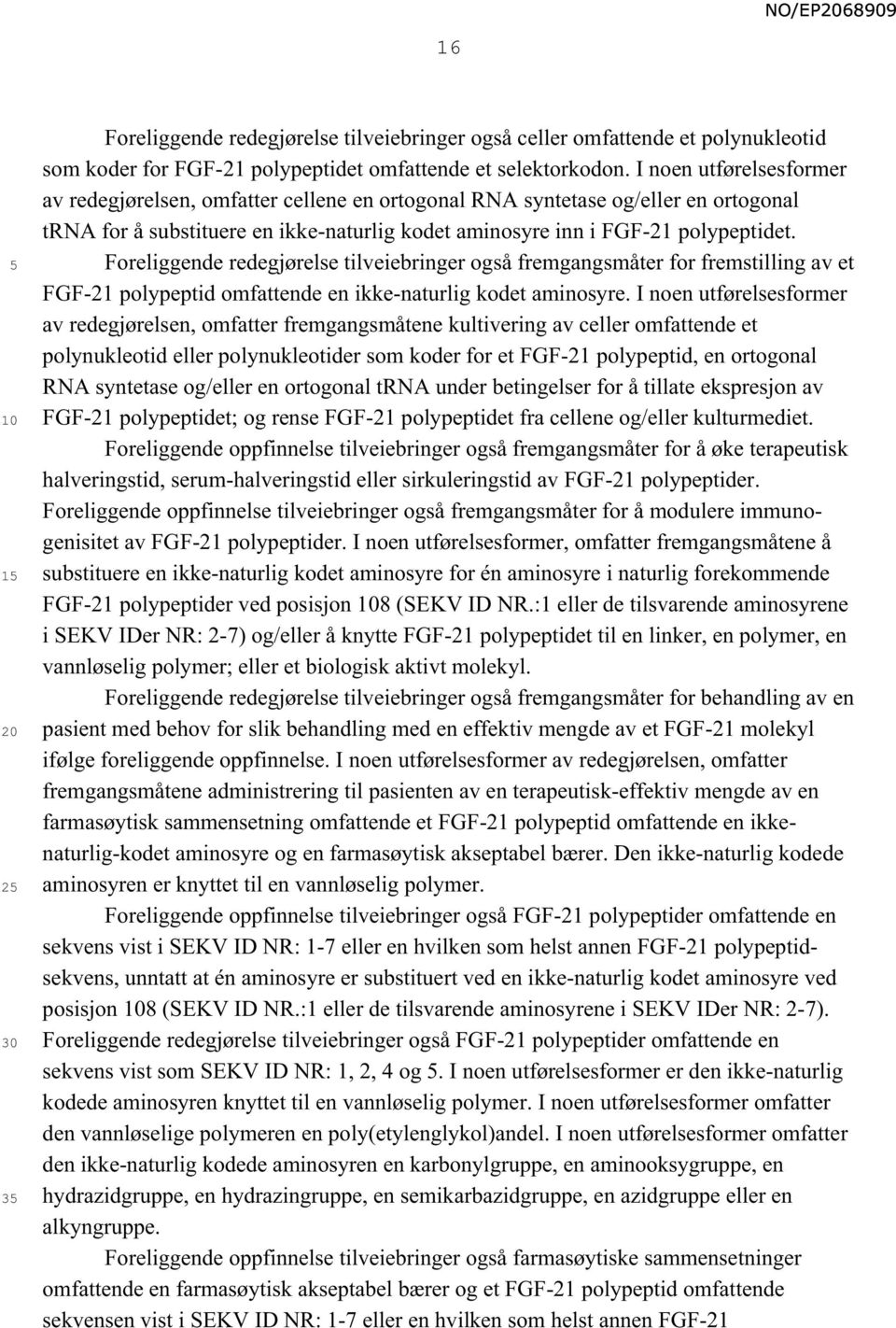 Foreliggende redegjørelse tilveiebringer også fremgangsmåter for fremstilling av et FGF-21 polypeptid omfattende en ikke-naturlig kodet aminosyre.