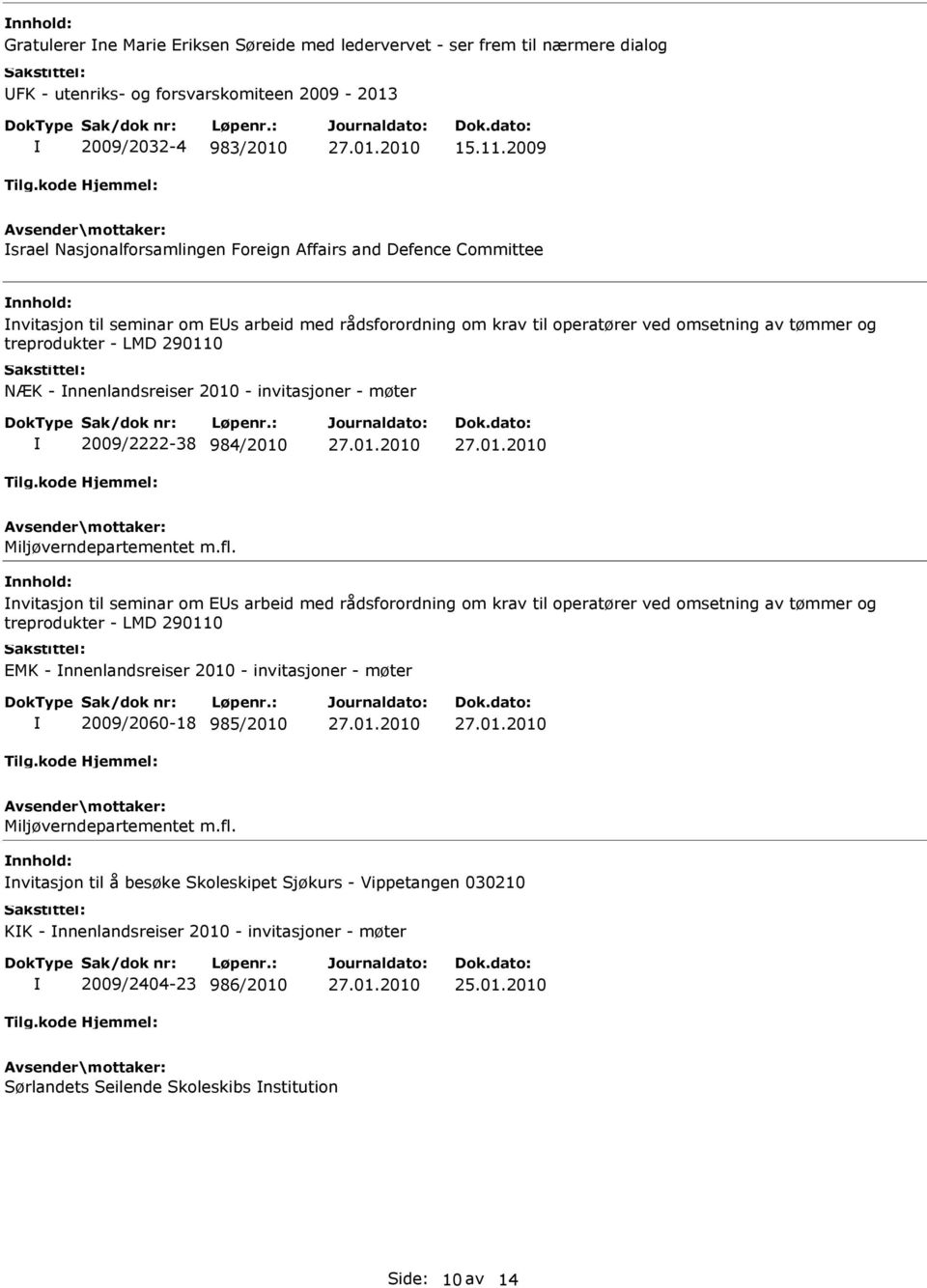 LMD 290110 NÆK - nnenlandsreiser 2010 - invitasjoner - møter 2009/2222-38 984/2010 Miljøverndepartementet m.fl.