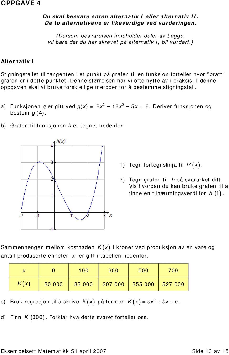 ) Alternativ I Stigningstallet til tangenten i et punkt på grafen til en funksjon forteller hvor bratt grafen er i dette punktet. Denne størrelsen har vi ofte nytte av i praksis.