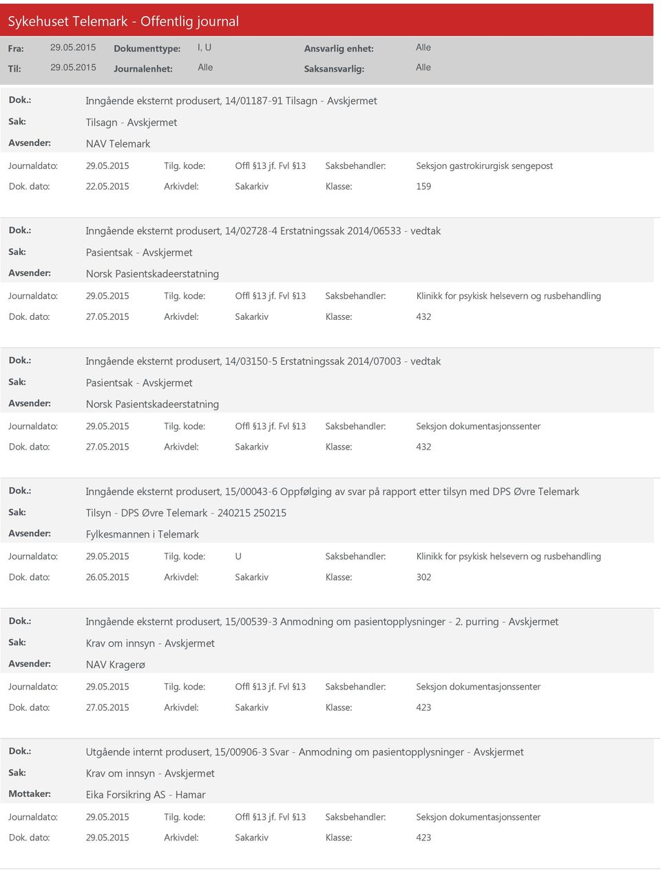 14/03150-5 Erstatningssak 2014/07003 - vedtak Pasientsak - Inngående eksternt produsert, 15/00043-6 Oppfølging av svar på rapport etter tilsyn med DPS Øvre Telemark Tilsyn - DPS Øvre Telemark -