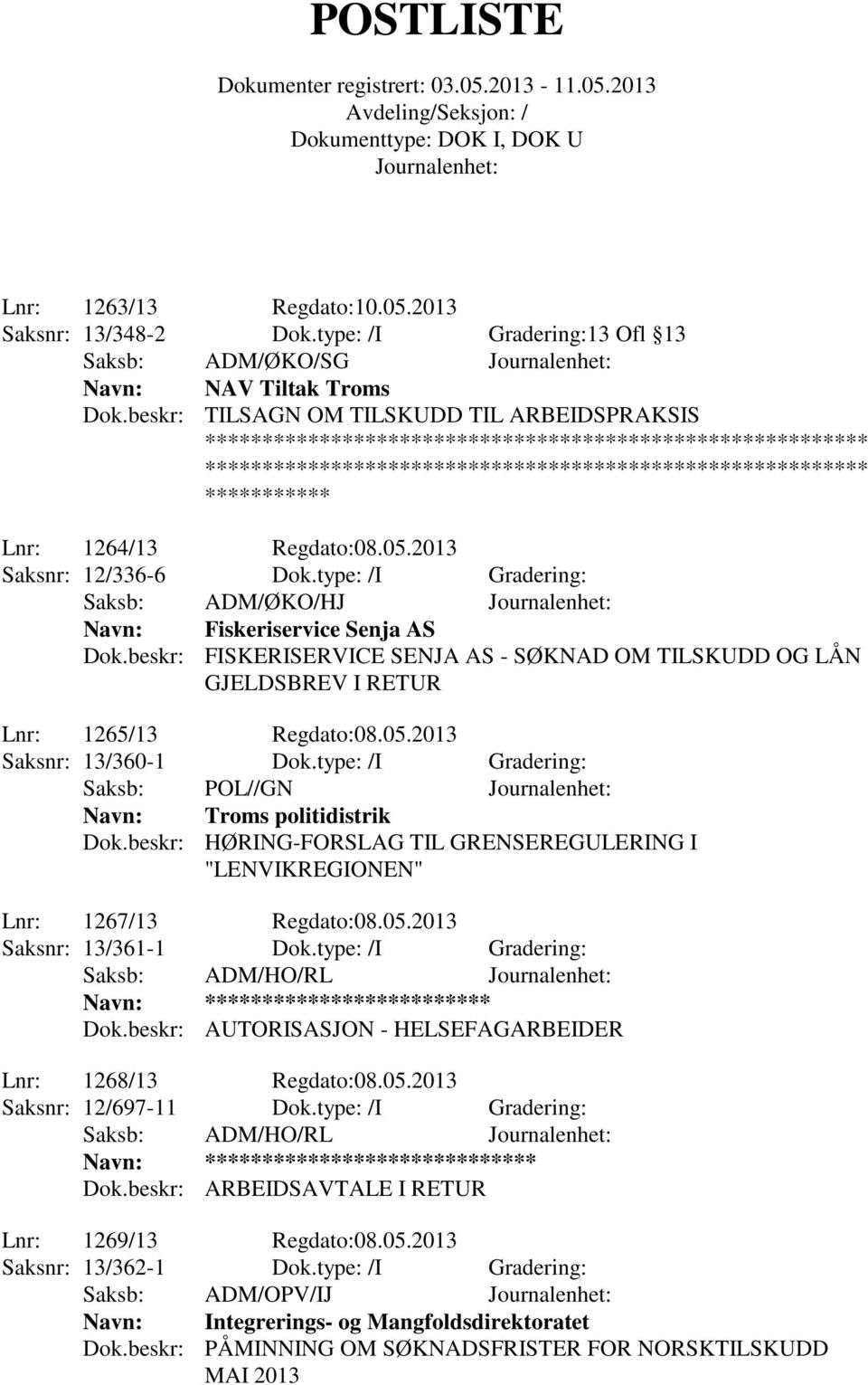 2013 Saksnr: 13/360-1 Dok.type: /I Gradering: Saksb: POL//GN Navn: Troms politidistrik Dok.beskr: HØRING-FORSLAG TIL GRENSEREGULERING I "LENVIKREGIONEN" Lnr: 1267/13 Regdato:08.05.