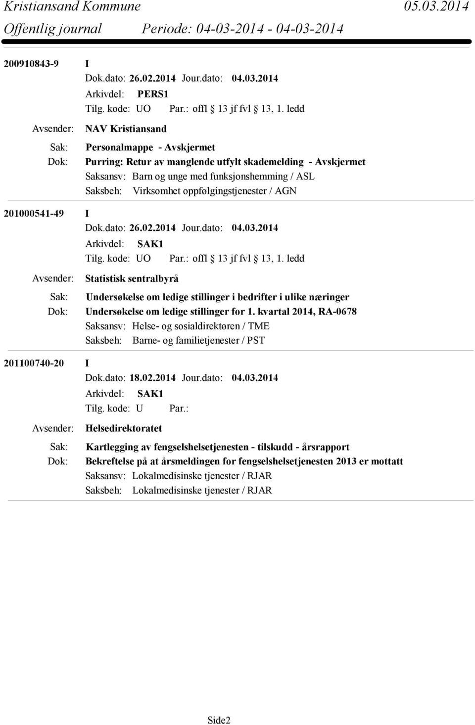 kvartal 2014, RA-0678 Saksansv: Helse- og sosialdirektøren / TME Saksbeh: Barne- og familietjenester / PST 201100740-20 I Dok.dato: 18.02.2014 Jour.dato: 04.03.2014 Tilg. kode: U Par.