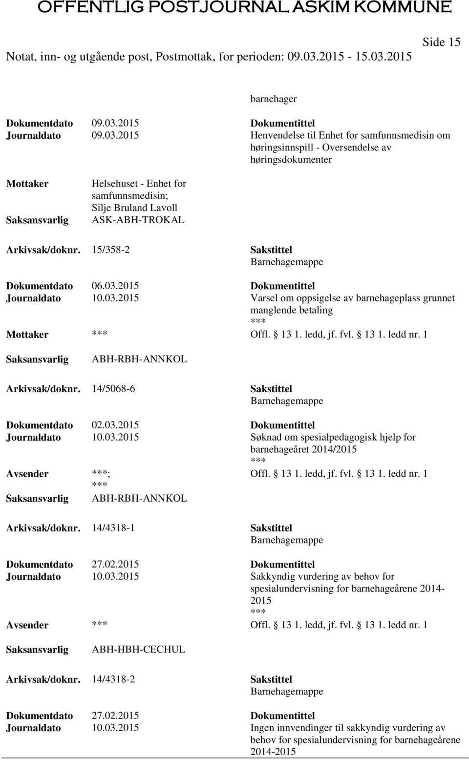 15/358-2 Sakstittel Barnehagemappe Journaldato 10.03.2015 Varsel om oppsigelse av barnehageplass grunnet manglende betaling Offl. 13 1. ledd, jf. fvl. 13 1. ledd nr. 1 ABH-RBH-ANNKOL Arkivsak/doknr.
