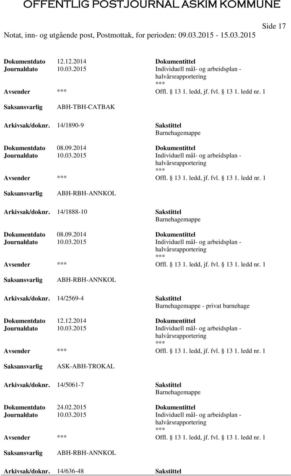 1 ABH-RBH-ANNKOL Arkivsak/doknr. 14/1888-10 Sakstittel Barnehagemappe Dokumentdato 08.09.2014 Dokumentittel Journaldato 10.03.2015 Individuell mål- og arbeidsplan - halvårsrapportering Offl. 13 1.