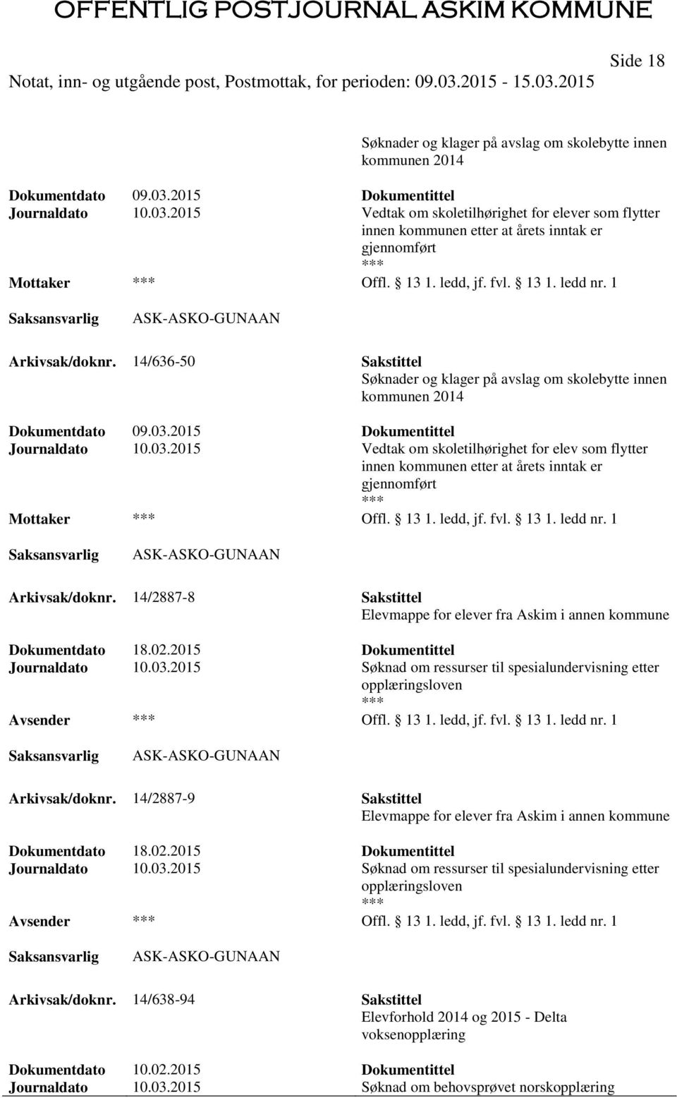 14/636-50 Sakstittel Søknader og klager på avslag om skolebytte innen kommunen 2014 Journaldato 10.03.
