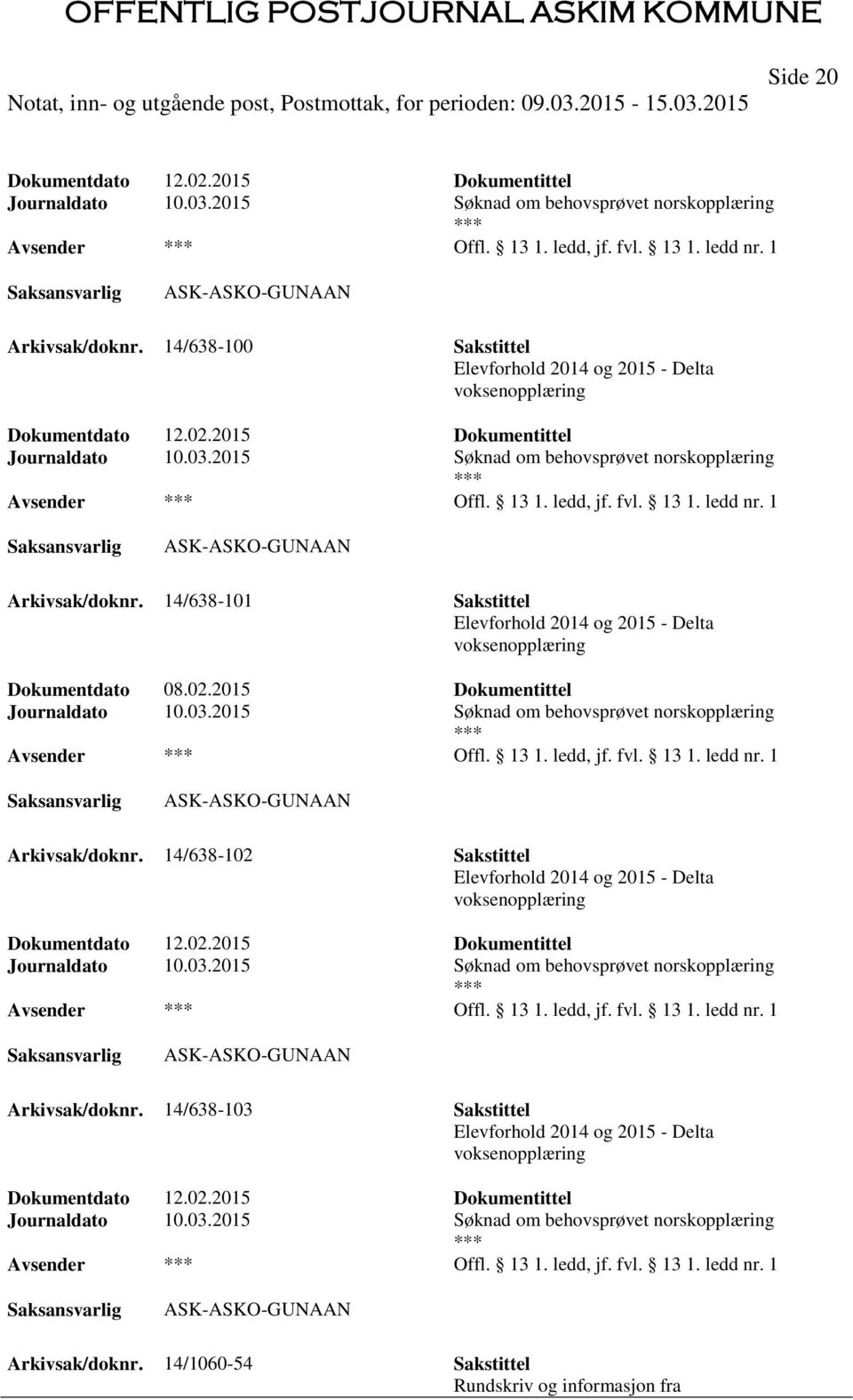 13 1. ledd nr. 1 ASK-ASKO-GUNAAN Arkivsak/doknr. 14/638-101 Sakstittel Elevforhold 2014 og 2015 - Delta voksenopplæring Dokumentdato 08.02.2015 Dokumentittel Journaldato 10.03.