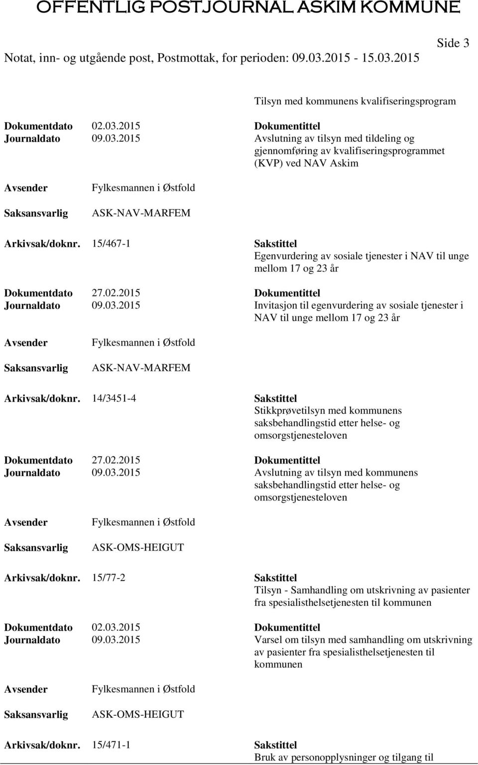 15/467-1 Sakstittel Egenvurdering av sosiale tjenester i NAV til unge mellom 17 og 23 år Dokumentdato 27.02.2015 Dokumentittel Journaldato 09.03.