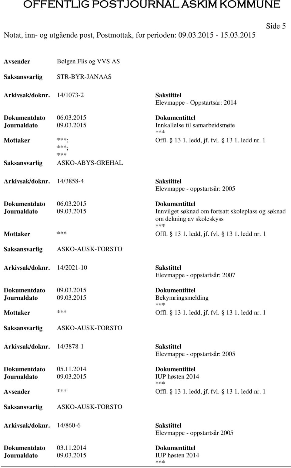 ledd, jf. fvl. 13 1. ledd nr. 1 ASKO-AUSK-TORSTO Arkivsak/doknr. 14/2021-10 Sakstittel Elevmappe - oppstartsår: 2007 Journaldato 09.03.2015 Bekymringsmelding Offl. 13 1. ledd, jf. fvl. 13 1. ledd nr. 1 ASKO-AUSK-TORSTO Arkivsak/doknr. 14/3878-1 Sakstittel Elevmappe - oppstartsår: 2005 Dokumentdato 05.