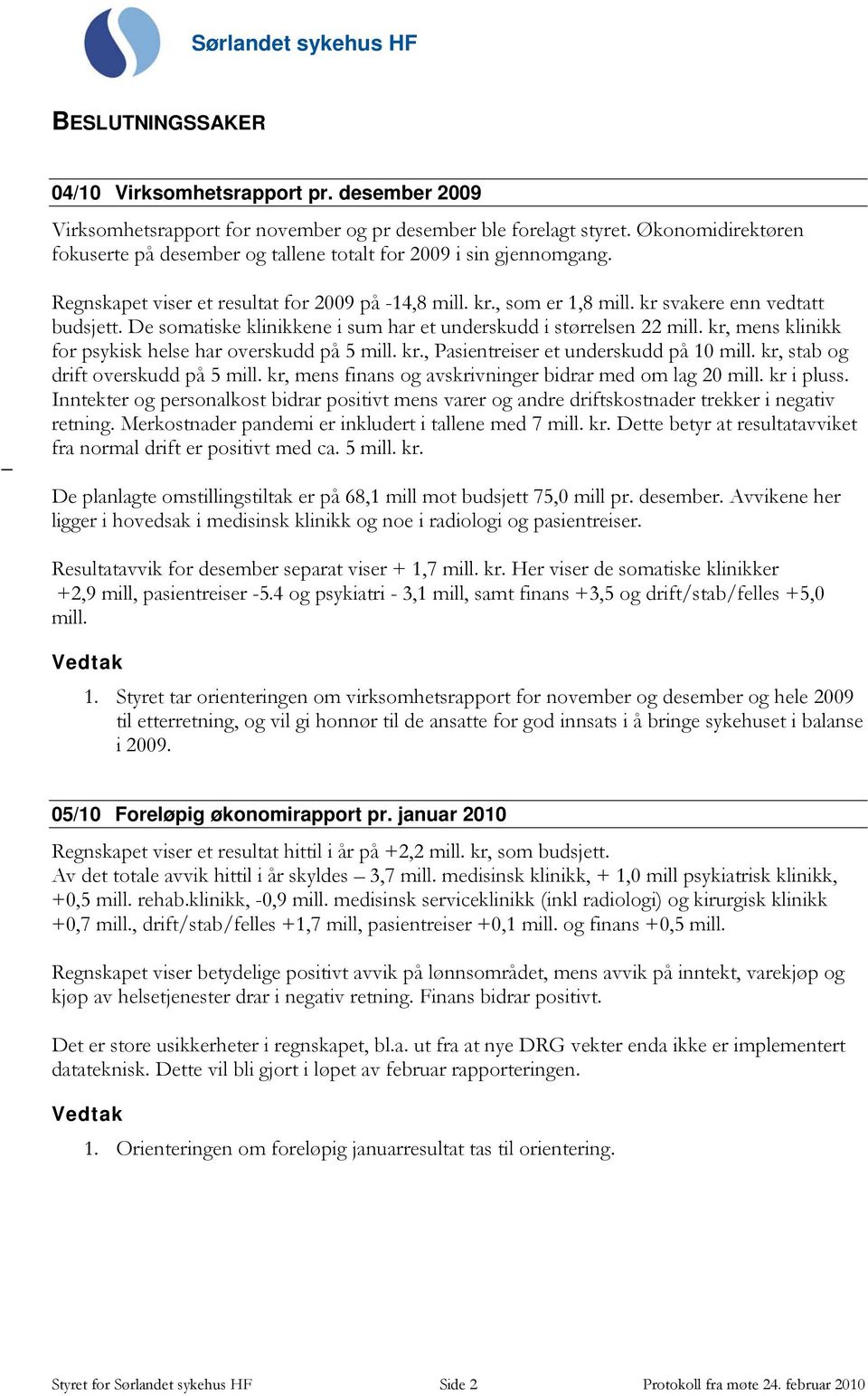 De somatiske klinikkene i sum har et underskudd i størrelsen 22 mill. kr, mens klinikk for psykisk helse har overskudd på 5 mill. kr., Pasientreiser et underskudd på 10 mill.