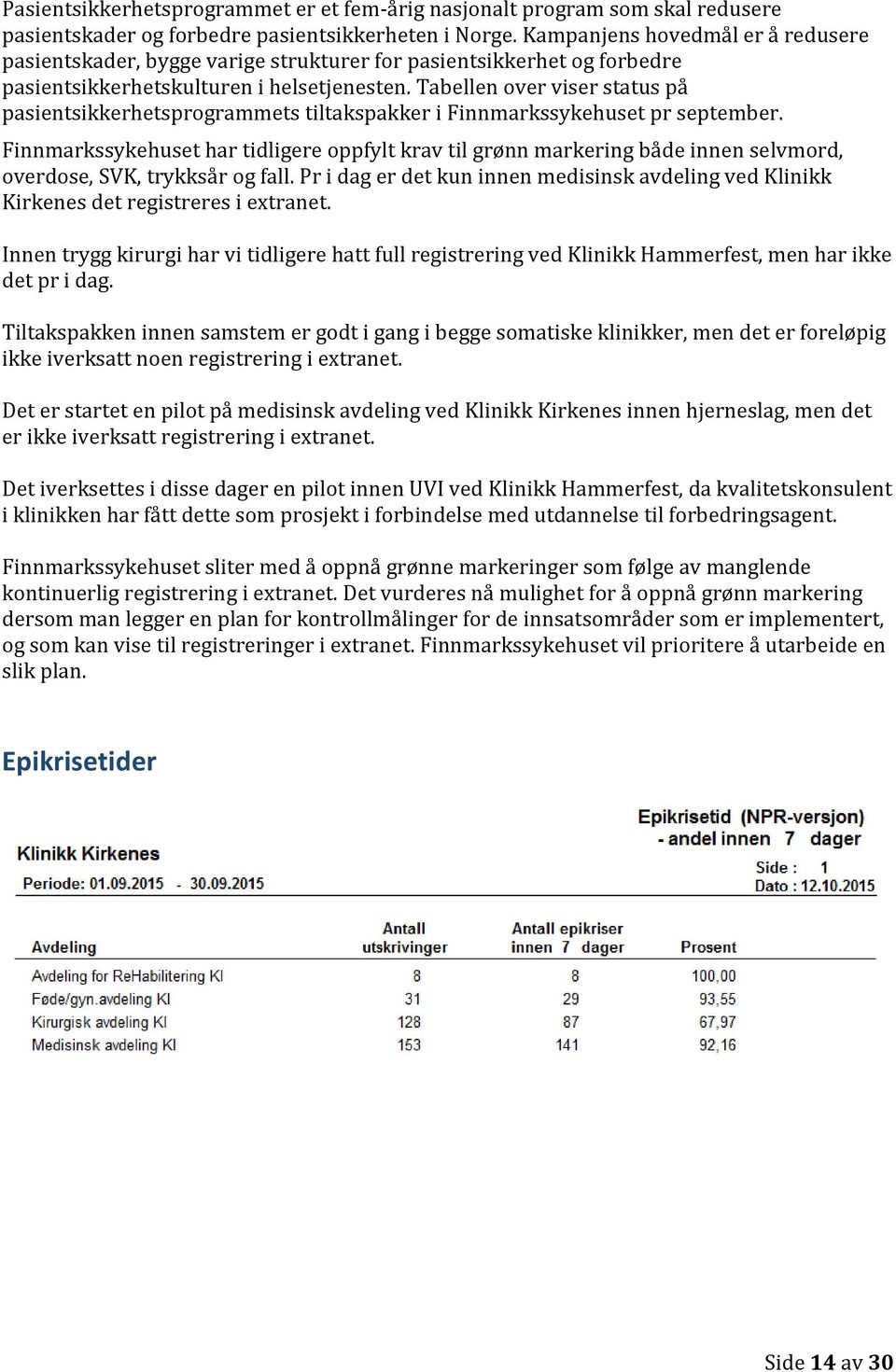 Tabellen over viser status på pasientsikkerhetsprogrammets tiltakspakker i Finnmarkssykehuset pr september.