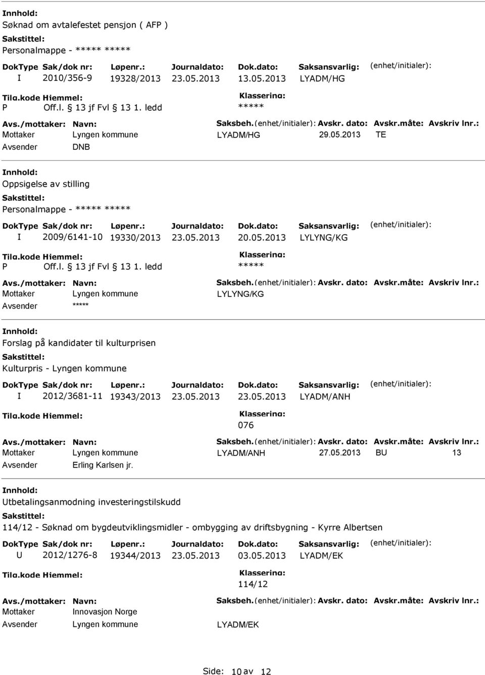 : LYLYNG/KG Avsender nnhold: Forslag på kandidater til kulturprisen Kulturpris - Lyngen kommune 2012/3681-11 19343/2013 076 Avs./mottaker: Navn: Saksbeh. Avskr. dato: Avskr.måte: Avskriv lnr.: 27.05.