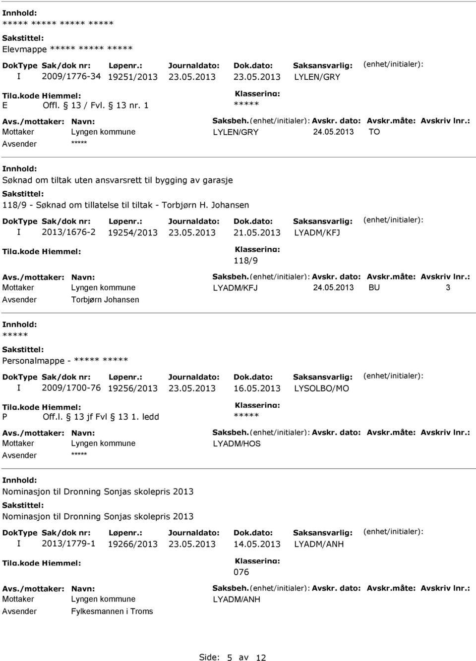 /mottaker: Navn: Saksbeh. Avskr. dato: Avskr.måte: Avskriv lnr.: LYADM/KFJ 24.05.2013 BU 3 Avsender Torbjørn Johansen nnhold: ersonalmappe - 2009/1700-76 19256/2013 16.05.2013 LYSOLBO/MO Avs.