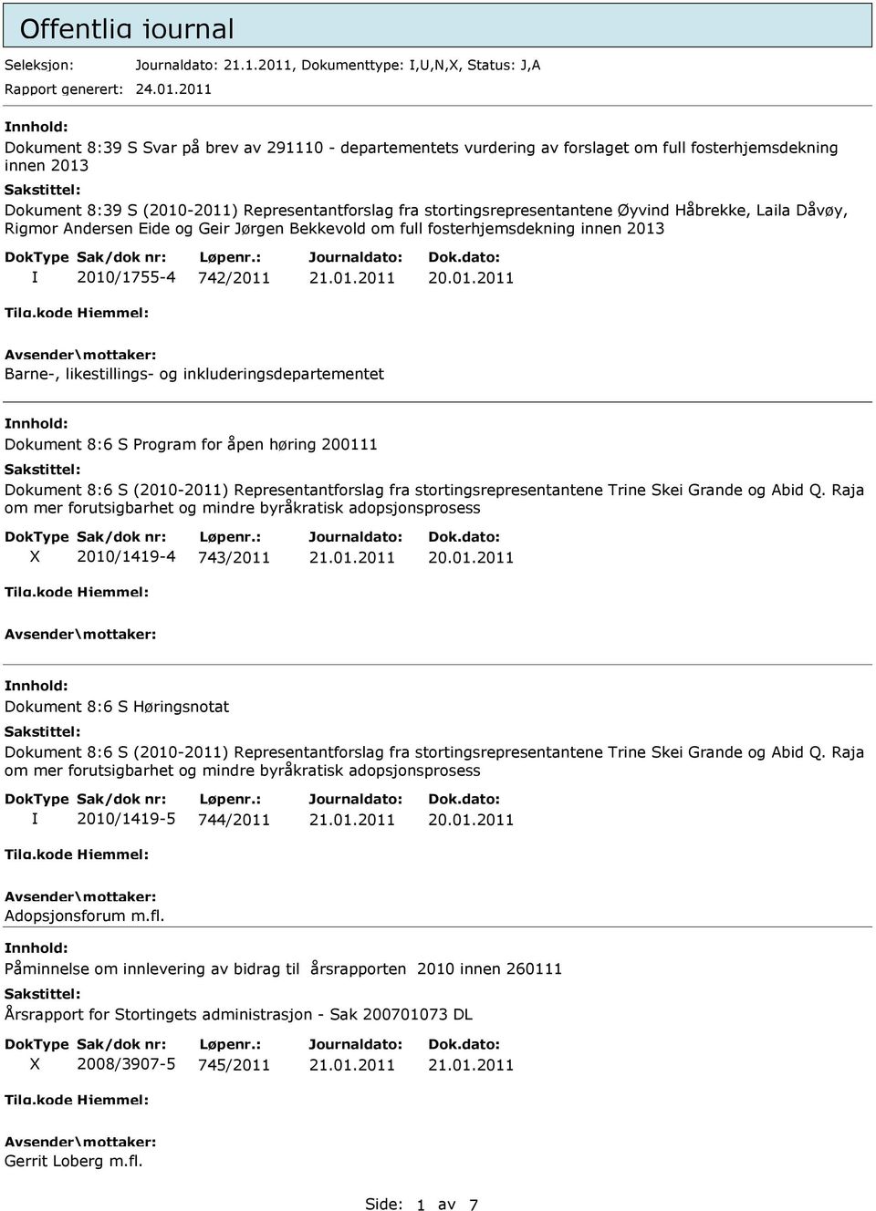 2011 Dokument 8:39 S Svar på brev av 291110 - departementets vurdering av forslaget om full fosterhjemsdekning innen 2013 2010/1755-4 742/2011 Barne-, likestillings- og inkluderingsdepartementet