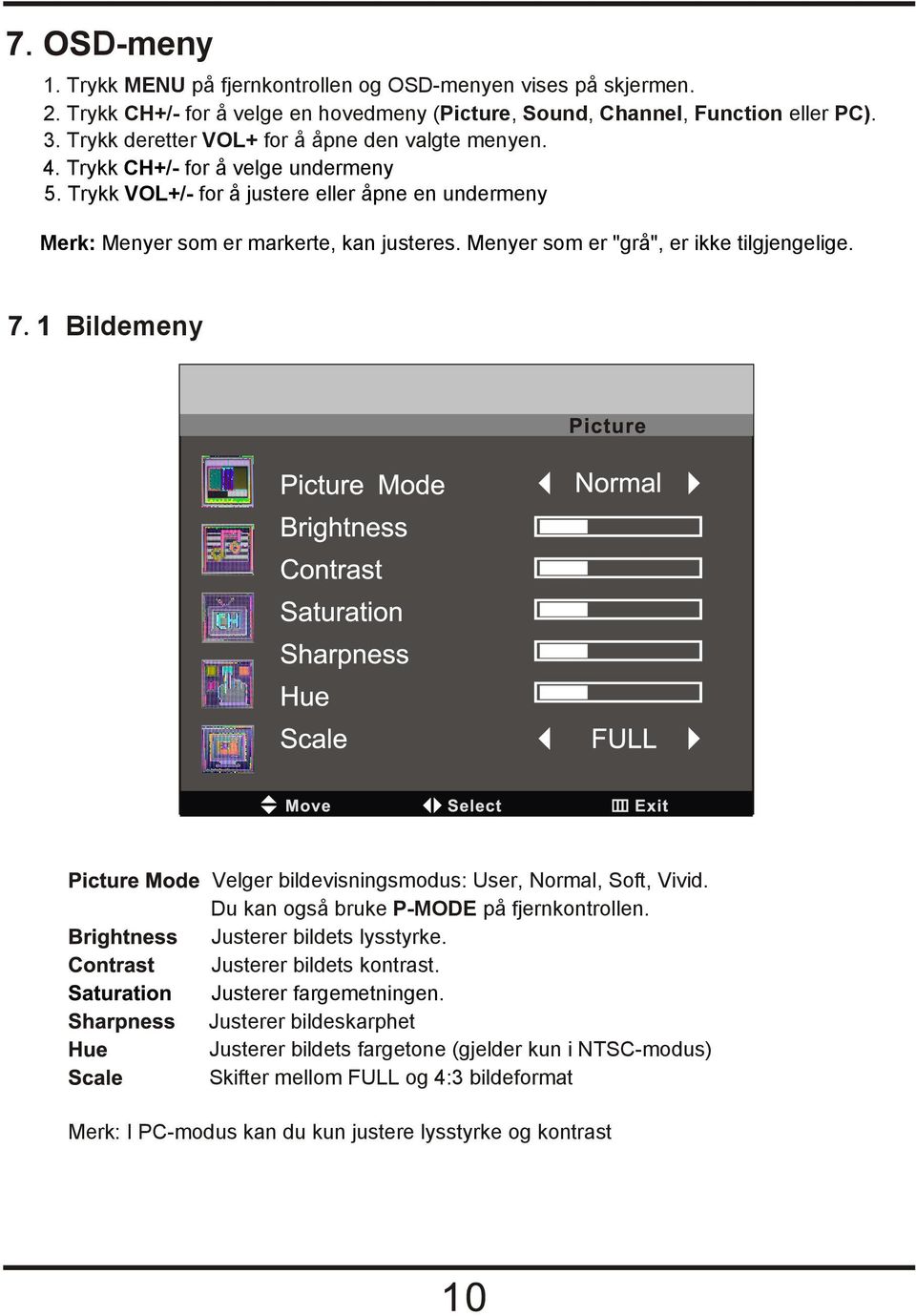 Menyer som er "grå", er ikke tilgjengelige. Bildemeny Velger bildevisningsmodus: User, Normal, Soft, Vivid. Du kan også bruke P-MODE på fjernkontrollen. Justerer bildets lysstyrke.