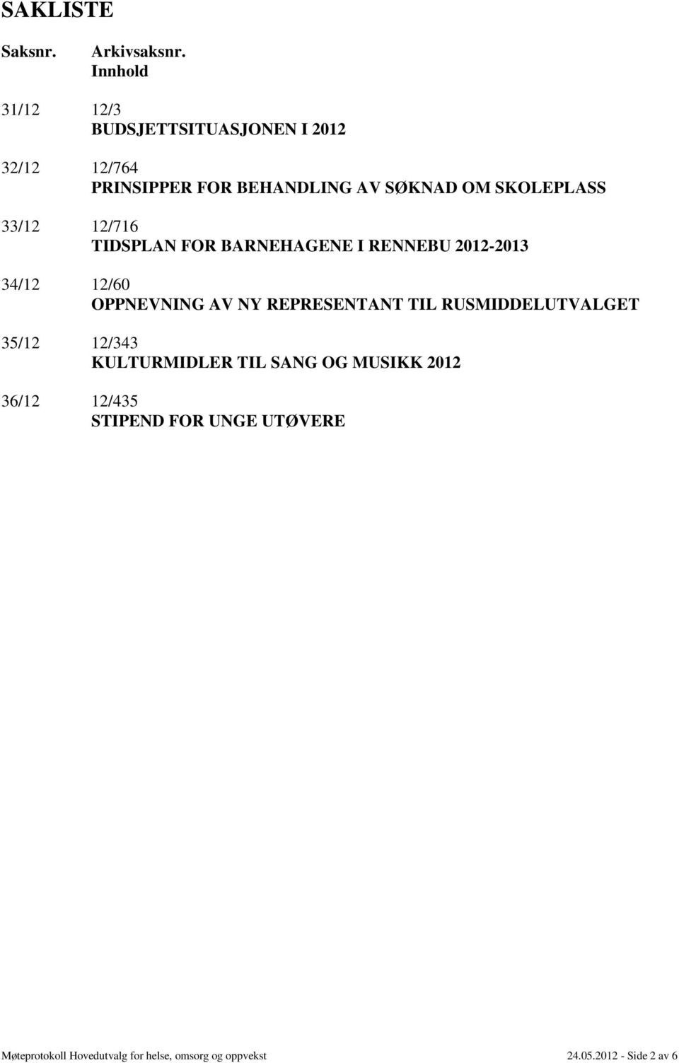 SKOLEPLASS 33/12 12/716 TIDSPLAN FOR BARNEHAGENE I RENNEBU 2012-2013 34/12 12/60 OPPNEVNING AV NY