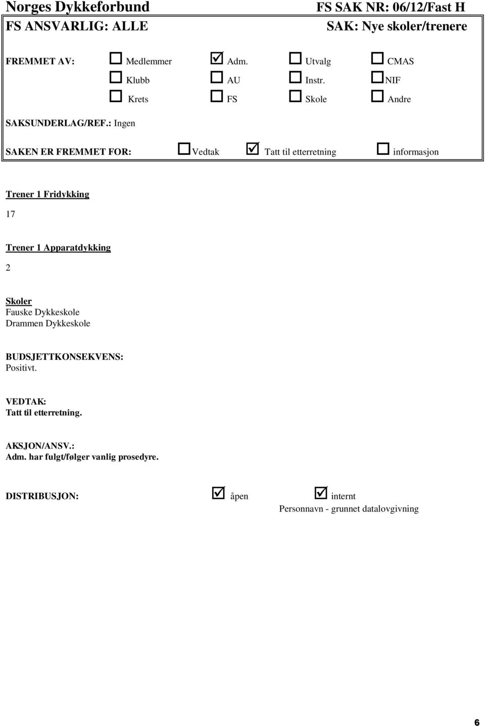 : Ingen SAKEN ER FREMMET FOR: Vedtak Tatt til etterretning informasjon Trener 1 Fridykking 17 Trener 1 Apparatdykking 2