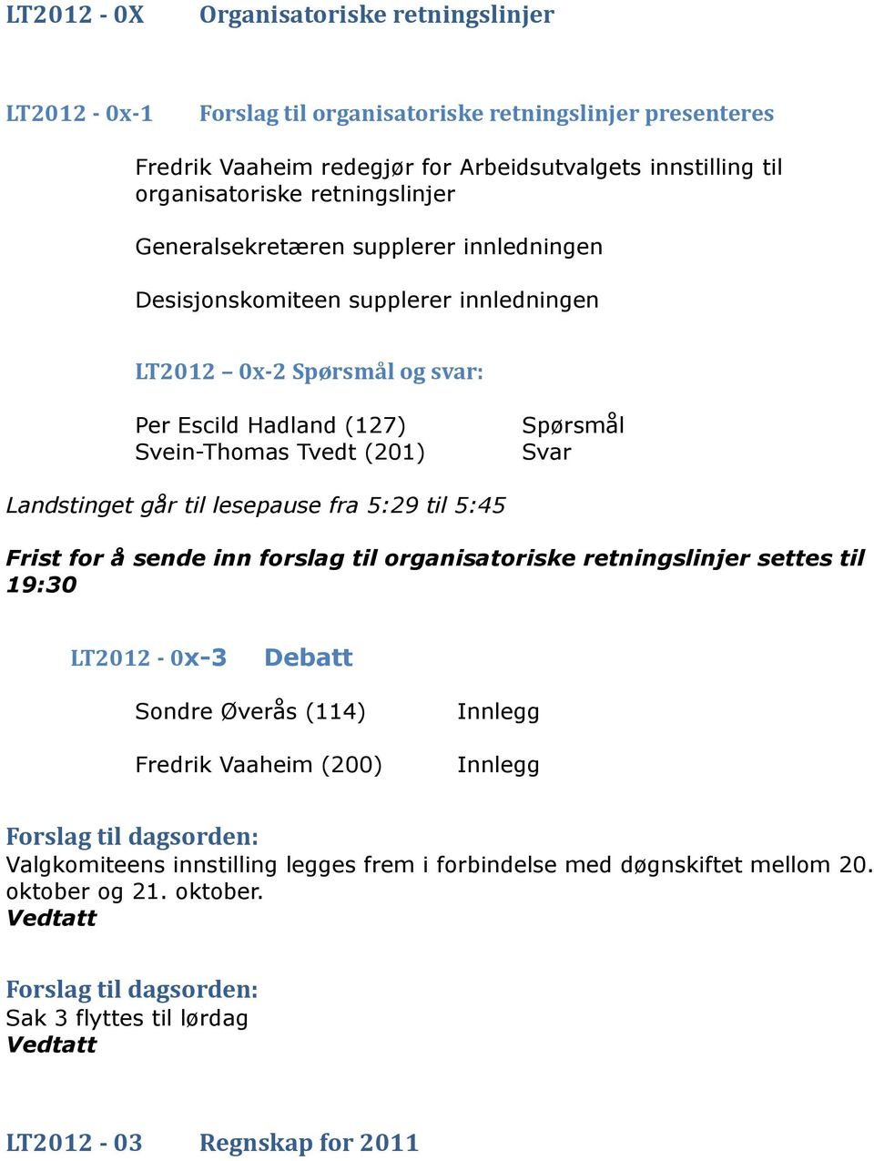 5:29 til 5:45 Frist for å sende inn forslag til organisatoriske retningslinjer settes til 19:30 LT2012-0x-3 Debatt Sondre Øverås (114) Fredrik Vaaheim (200) Forslag til dagsorden: