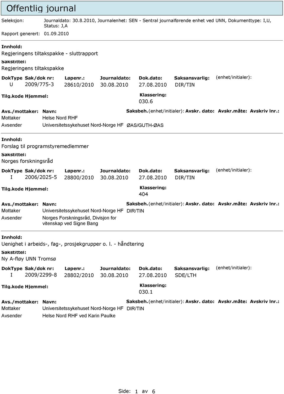 6 Mottaker Helse Nord RHF niversitetssykehuset Nord-Norge HF ØAS/GTH-ØAS Forslag til programstyremedlemmer Norges forskningsråd 2006/2025-5 28800/2010 DR/TN 404 Mottaker