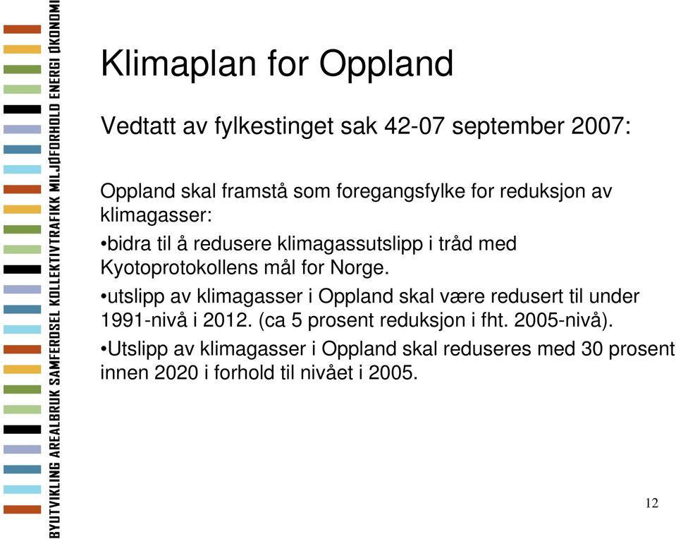 utslipp av klimagasser i Oppland skal være redusert til under 1991-nivå i 2012. (ca 5 prosent reduksjon i fht.