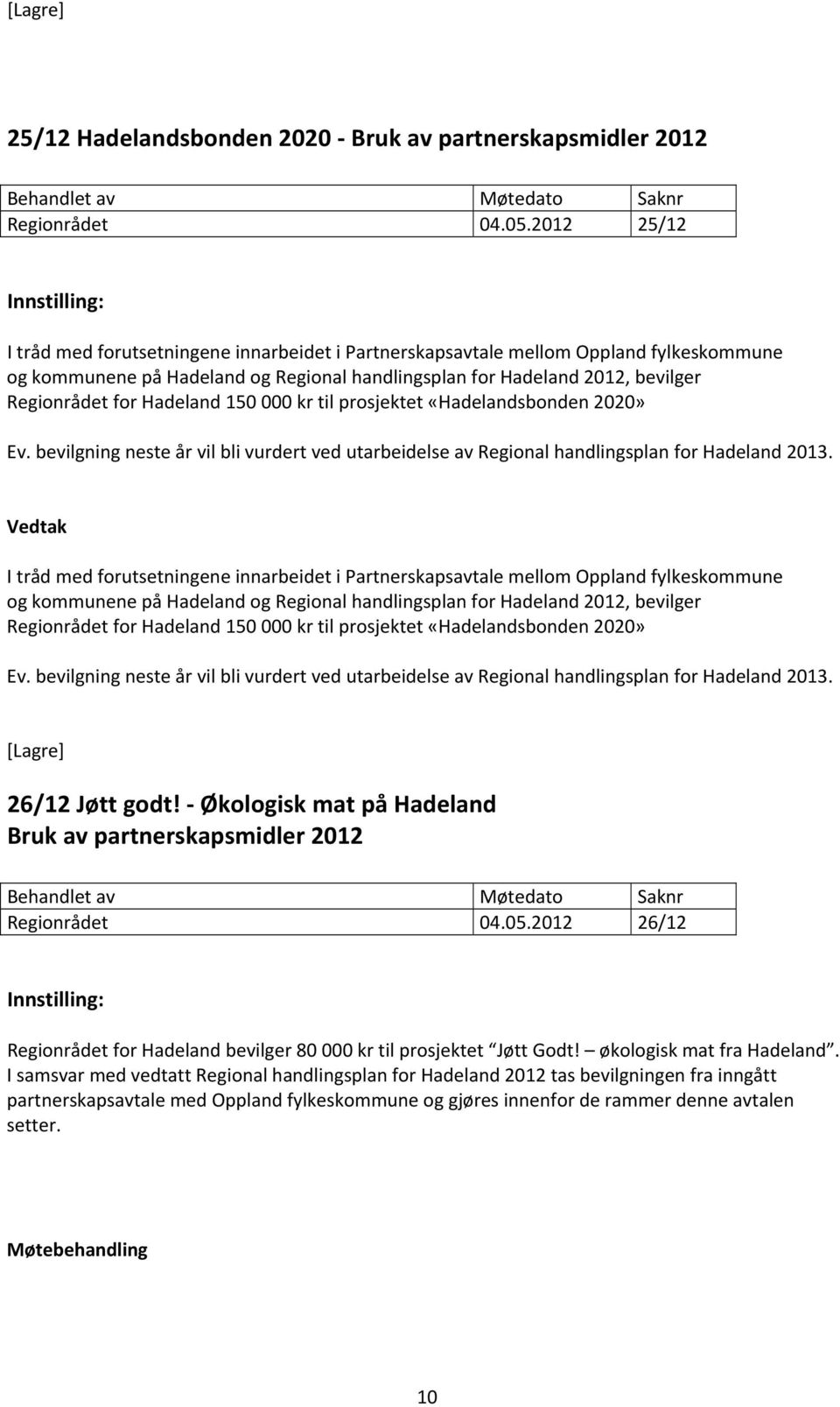 Hadeland 150 000 kr til prosjektet «Hadelandsbonden 2020» Ev. bevilgning neste år vil bli vurdert ved utarbeidelse av Regional handlingsplan for Hadeland 2013.