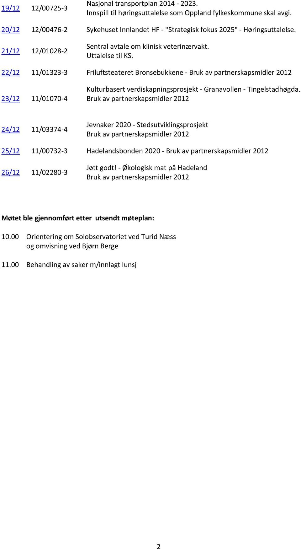 22/12 11/01323 3 Friluftsteateret Bronsebukkene 23/12 11/01070 4 Kulturbasert verdiskapningsprosjekt Granavollen Tingelstadhøgda.