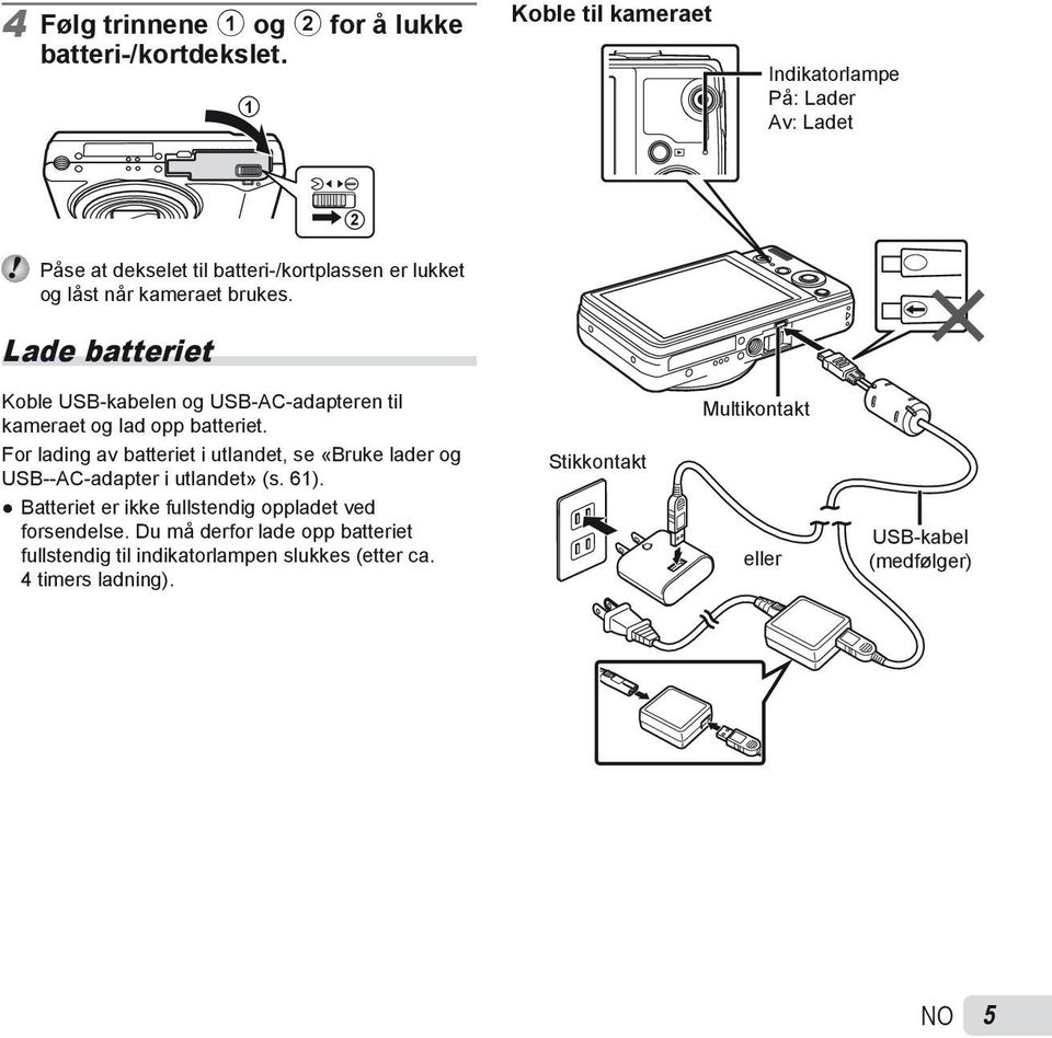 Lade batteriet Koble USB-kabelen og USB-AC-adapteren til kameraet og lad opp batteriet.