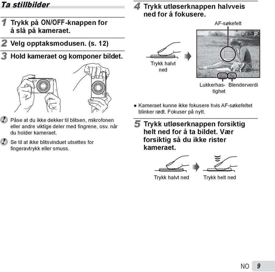 0 P Lukkerhastighet Blenderverdi Påse at du ikke dekker til blitsen, mikrofonen eller andre viktige deler med fingrene, osv. når du holder kameraet.