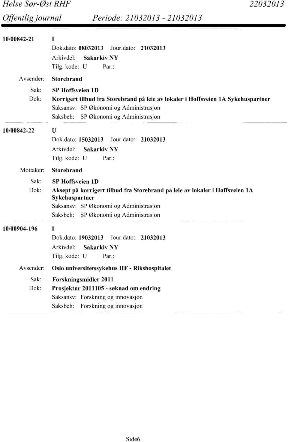 Administrasjon Saksbeh: SP Økonomi og Administrasjon 10/00842-22 Mottaker: Dok.dato: 15032013 Jour.